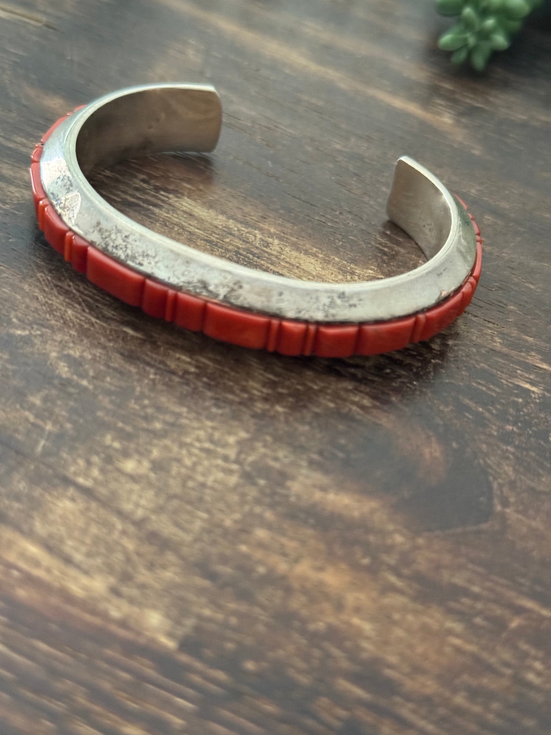 Old Pawn Thomas Francisco Vintage Navajo Made Coral & Sterling Silver Cobblestone Cuff Bracelet