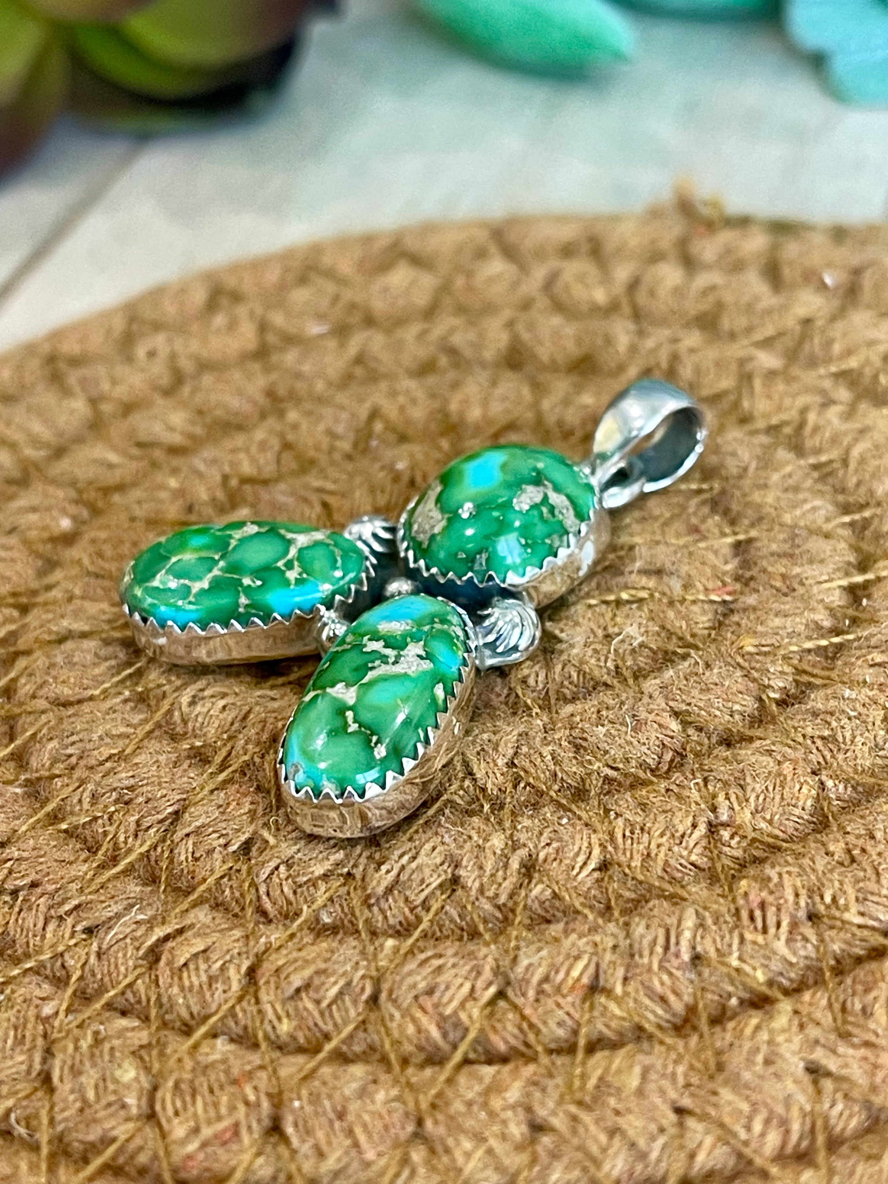 Southwest Handmade Sonoran Mountain Turquoise & Sterling Silver 3 Stone Pendant