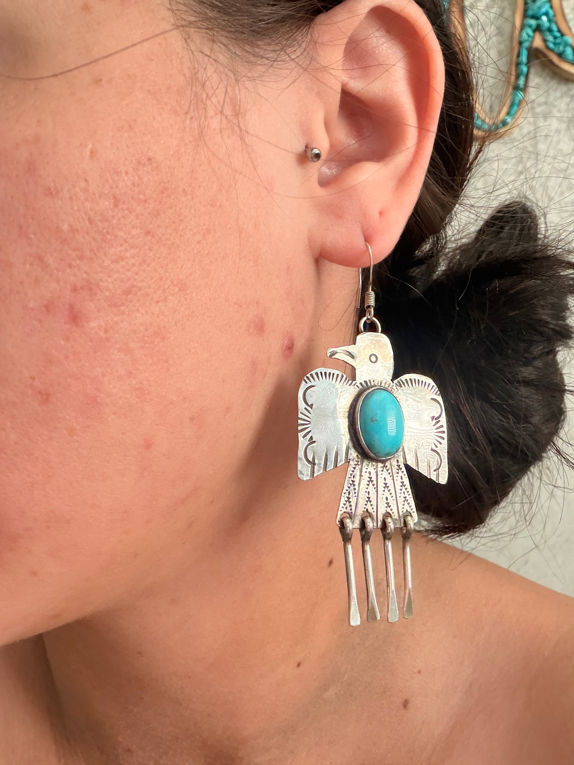 Vernon Begay Kingman Turquoise & Sterling Silver Dangle Thunderbird Earrings