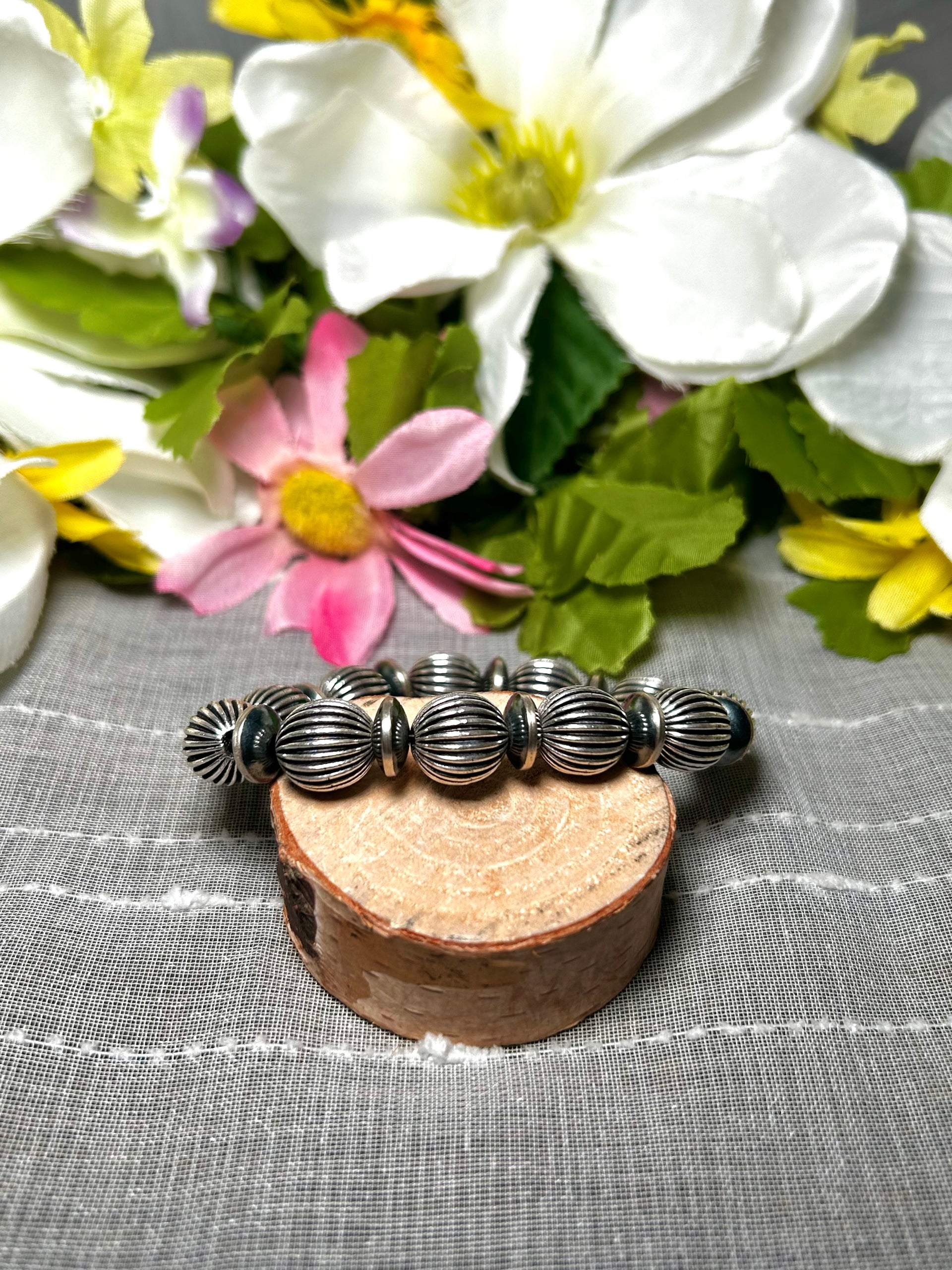 Navajo Made Sterling Silver Strung Stretchy Bracelet