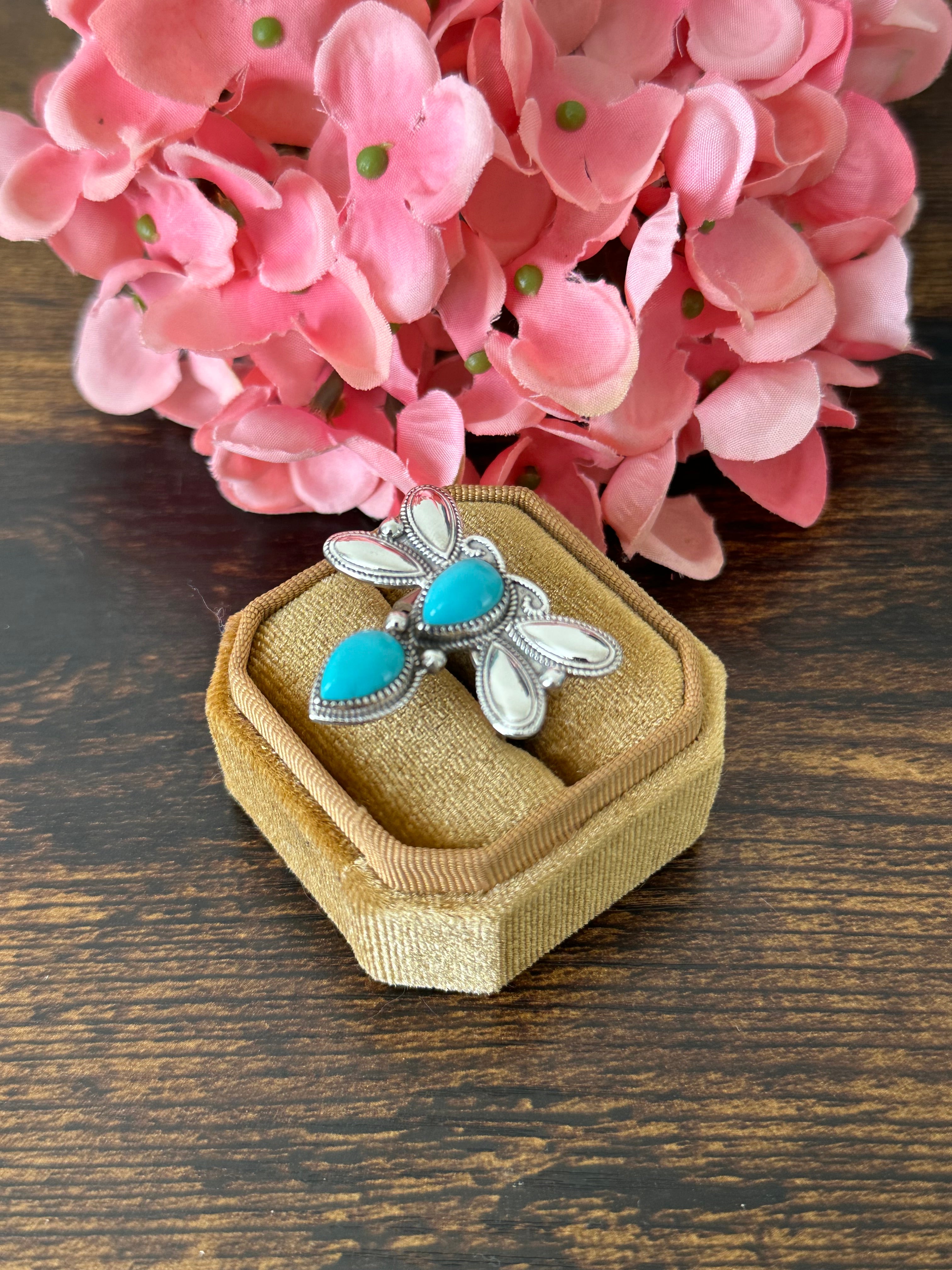 Southwest Handmade Kingman Turquoise & Sterling Silver Dragonfly Adjustable Ring