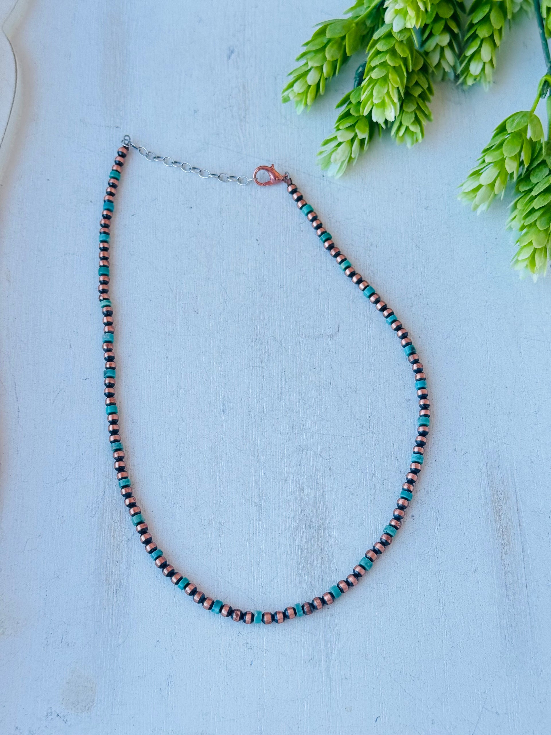 Navajo Strung Kingman Turquoise & Copper Pearls Beaded Necklace