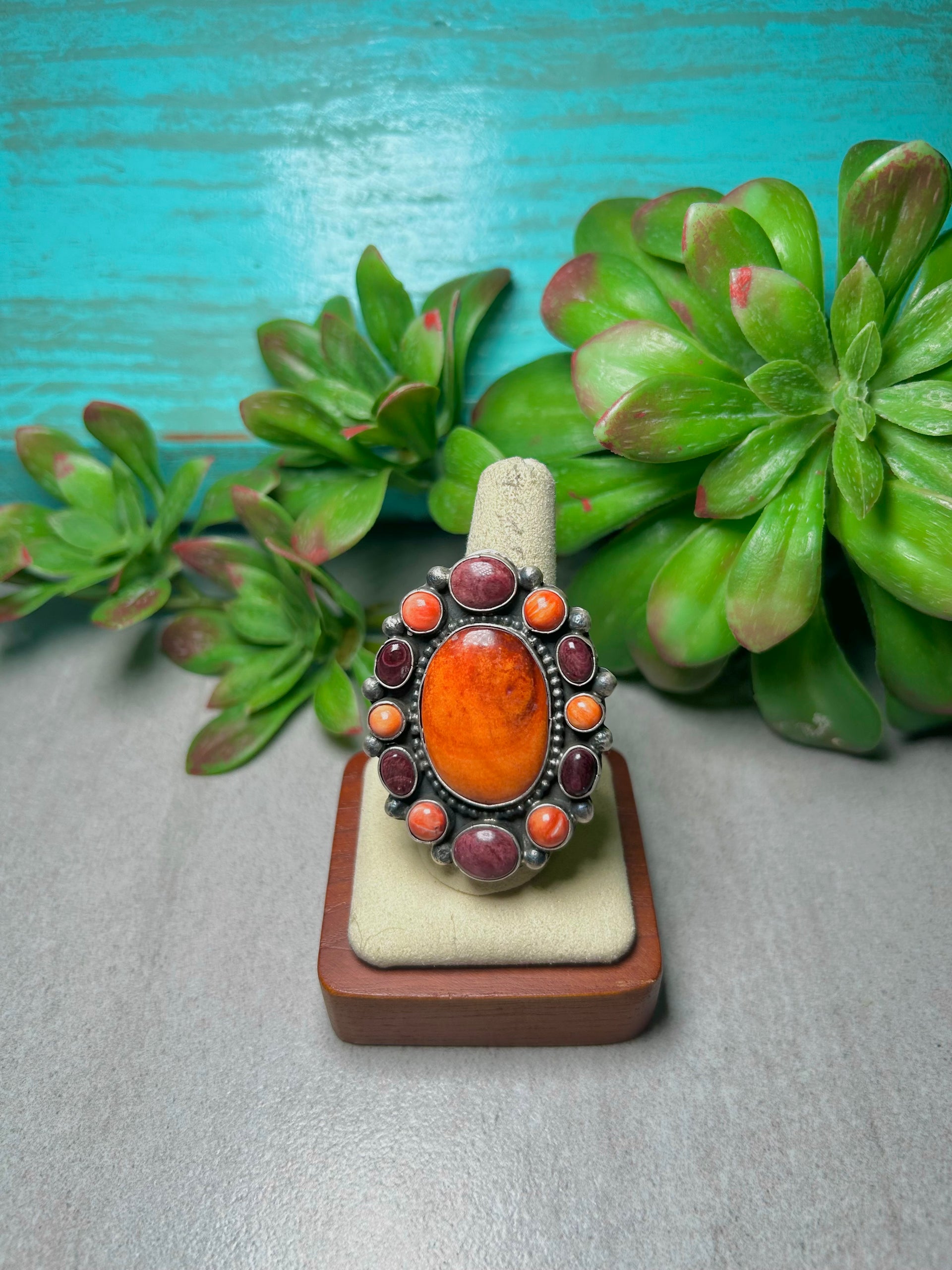 Navajo Made Spiny Oyster & Sterling Silver Cluster Adjustable Ring