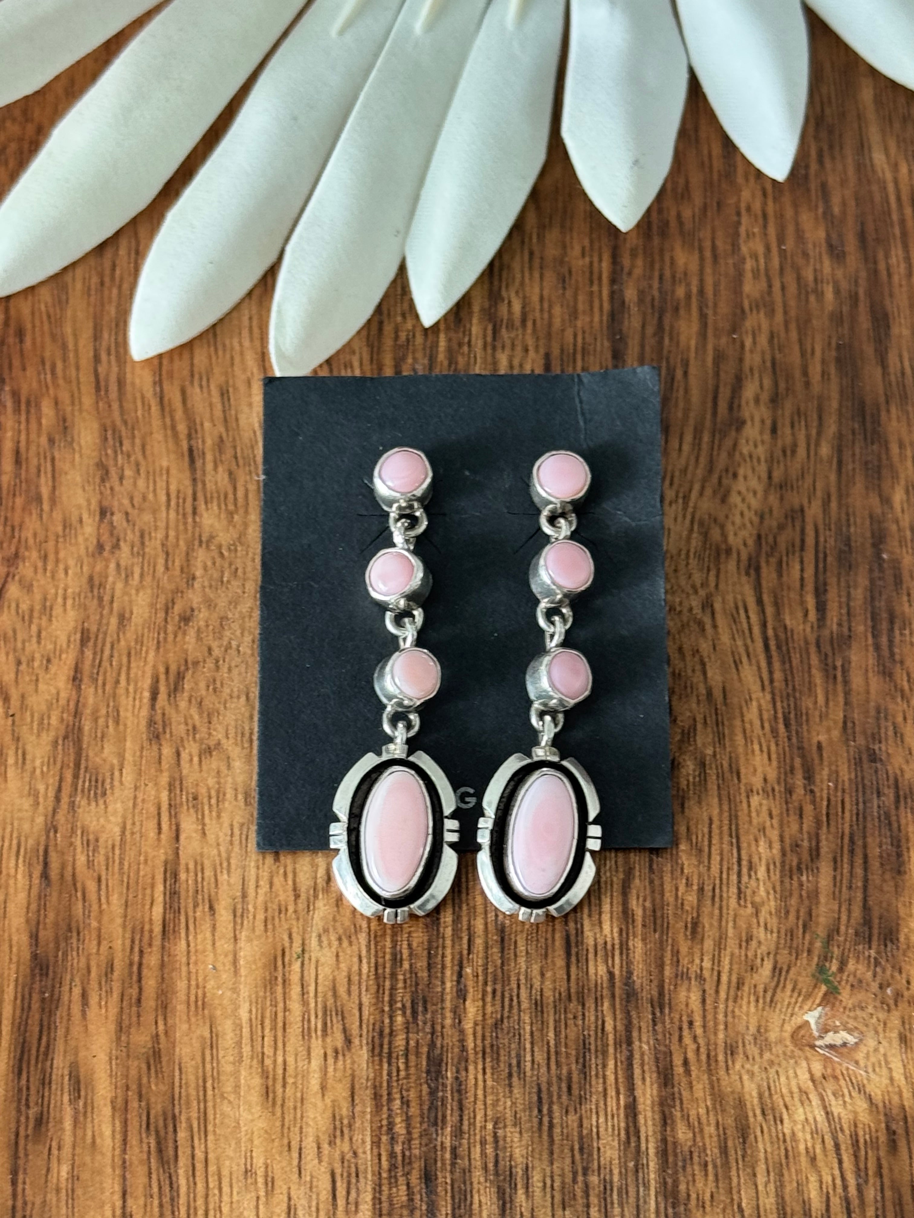 Navajo Made Pink Conch & Sterling Silver Post Dangle Earrings