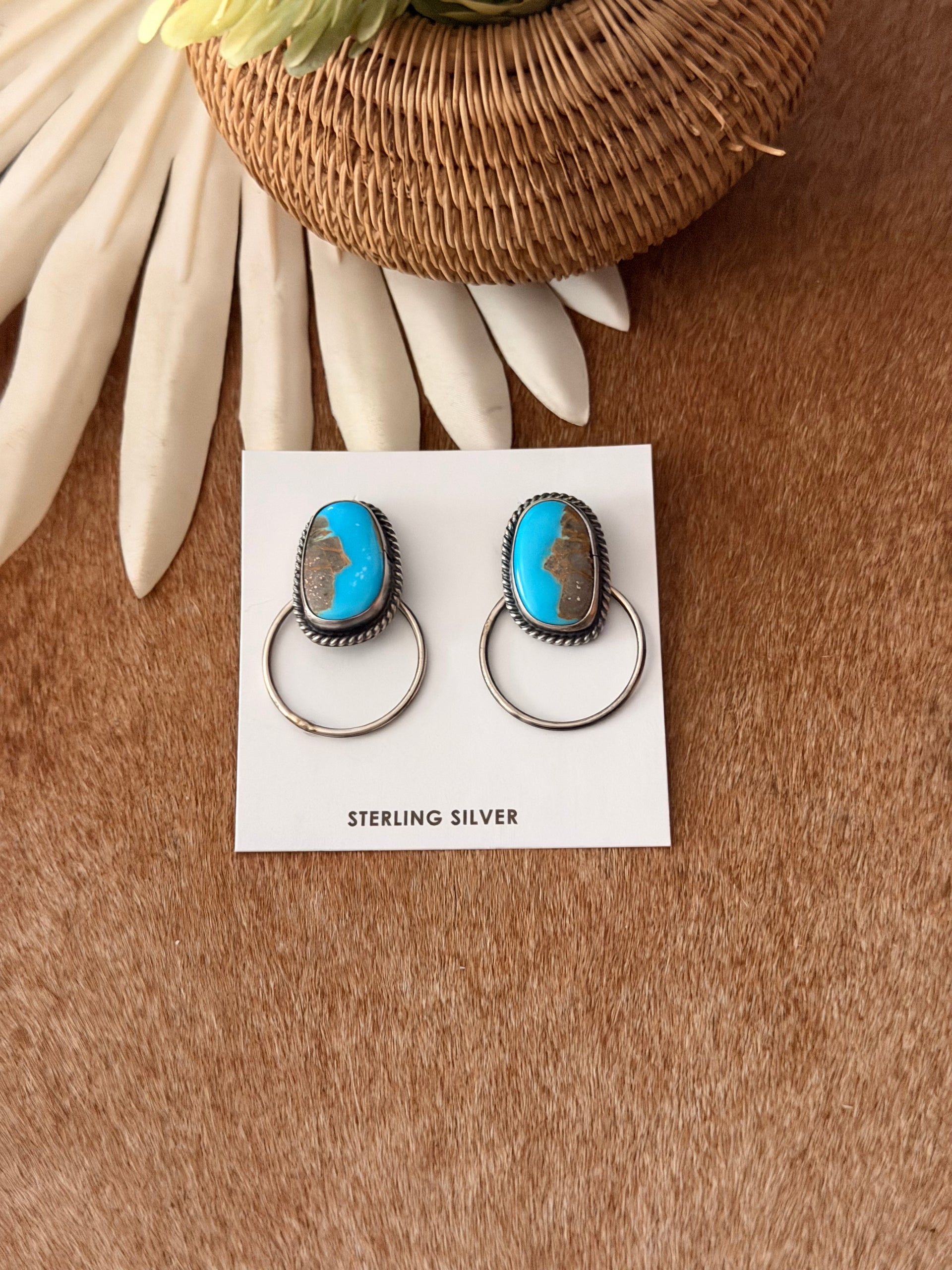 Navajo Made Kingman Turquoise & Sterling Silver Post Dangle Earrings