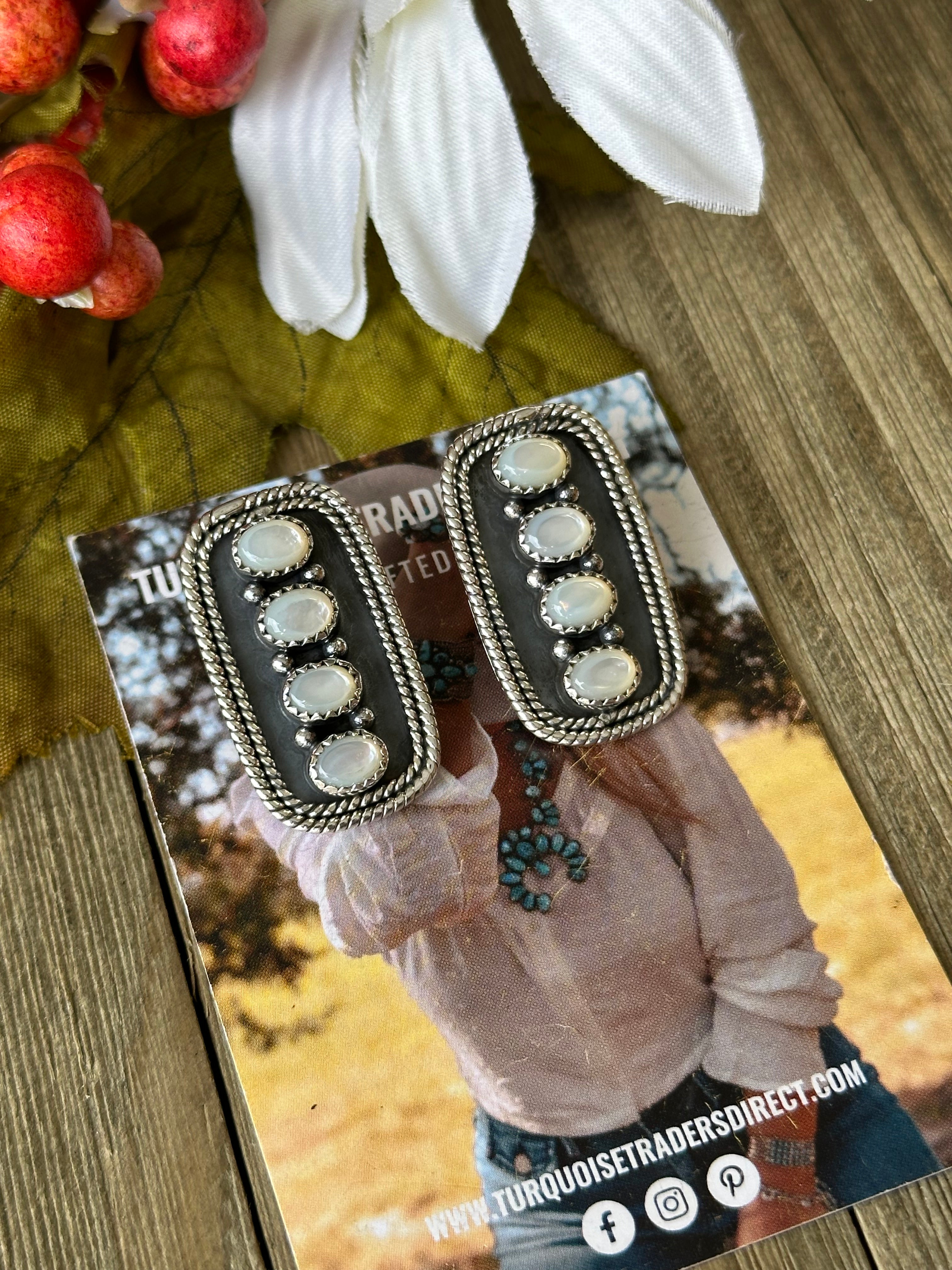 Southwest Handmade Moon Stone & Sterling Silver Post Dangle Cluster Earrings