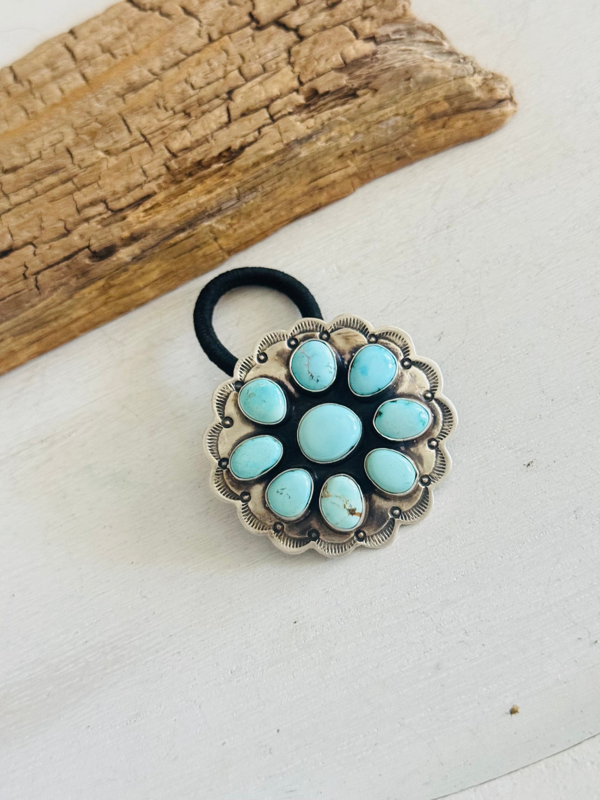 Danny Henio Royston Turquoise & Sterling Silver Concho Ponytail Holder