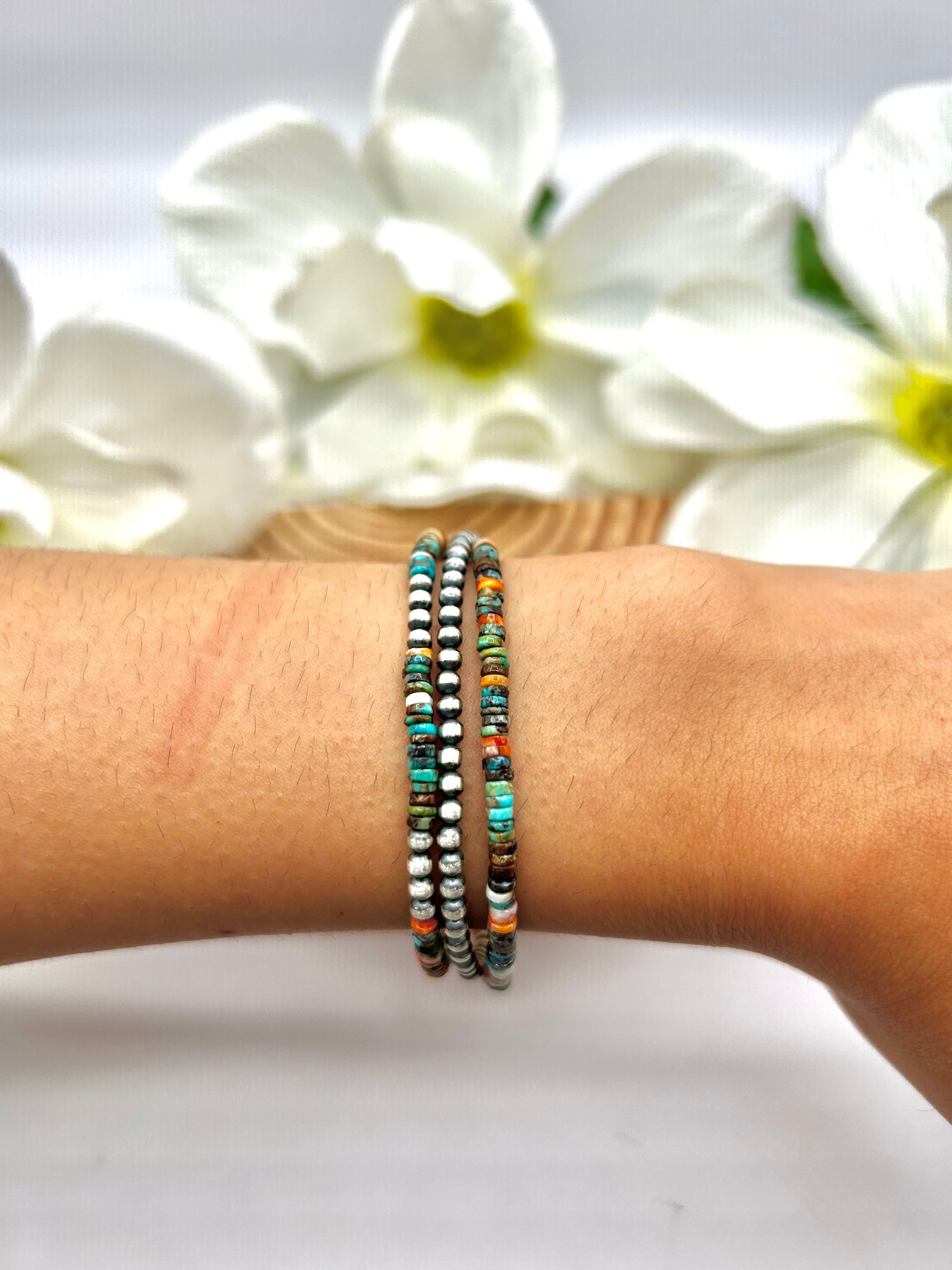 Navajo Made Strung Multi Stone & Sterling Silver Link Bracelet