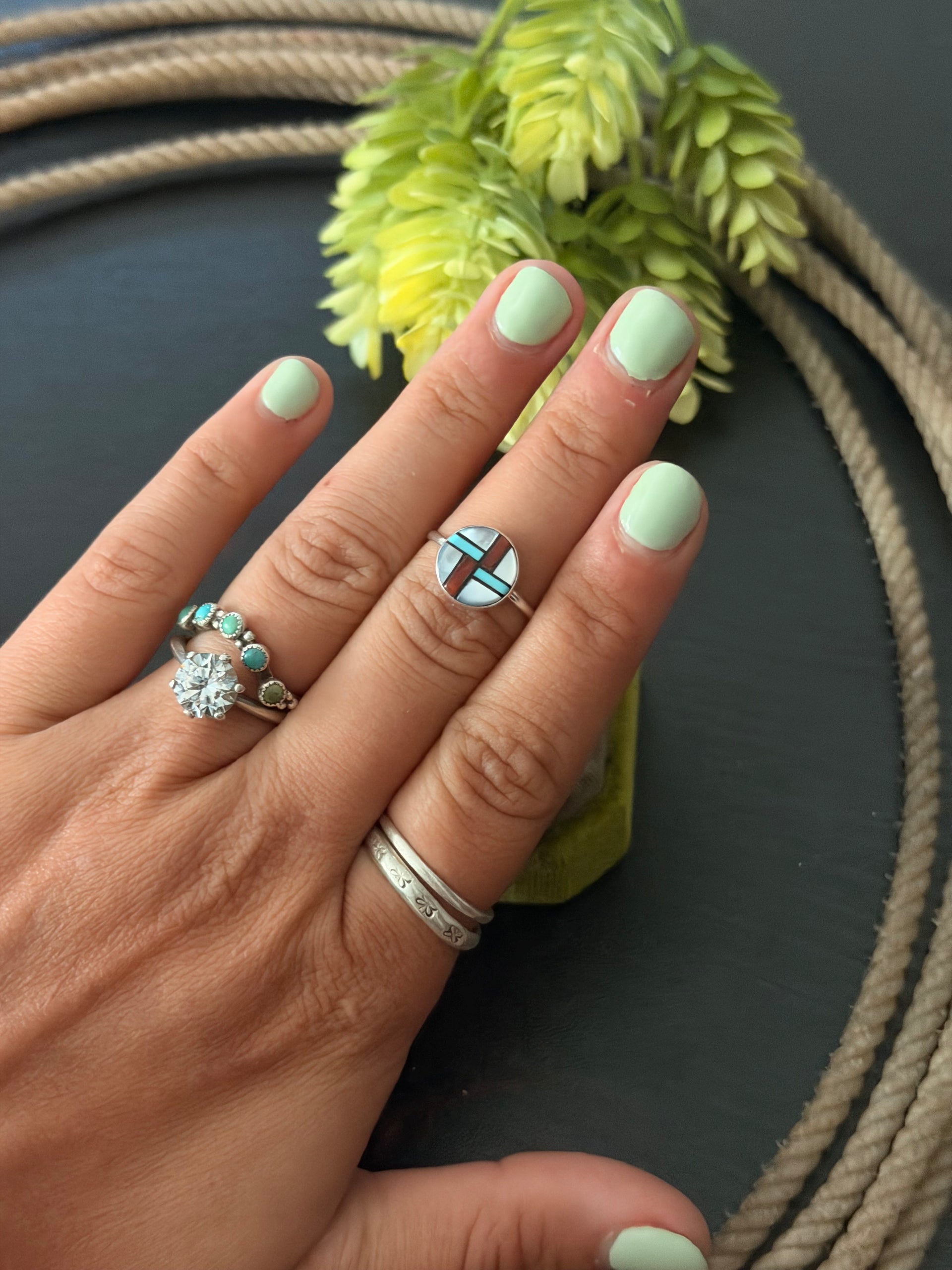 Zuni Made Multi Stone & Sterling Silver Inlay Ring Size 6