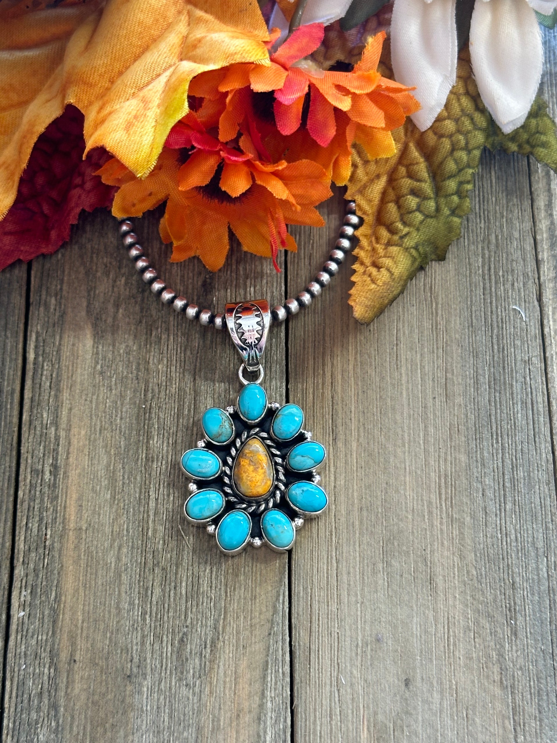 Southwest Handmade Multi Stone & Sterling Silver Cluster Pendant