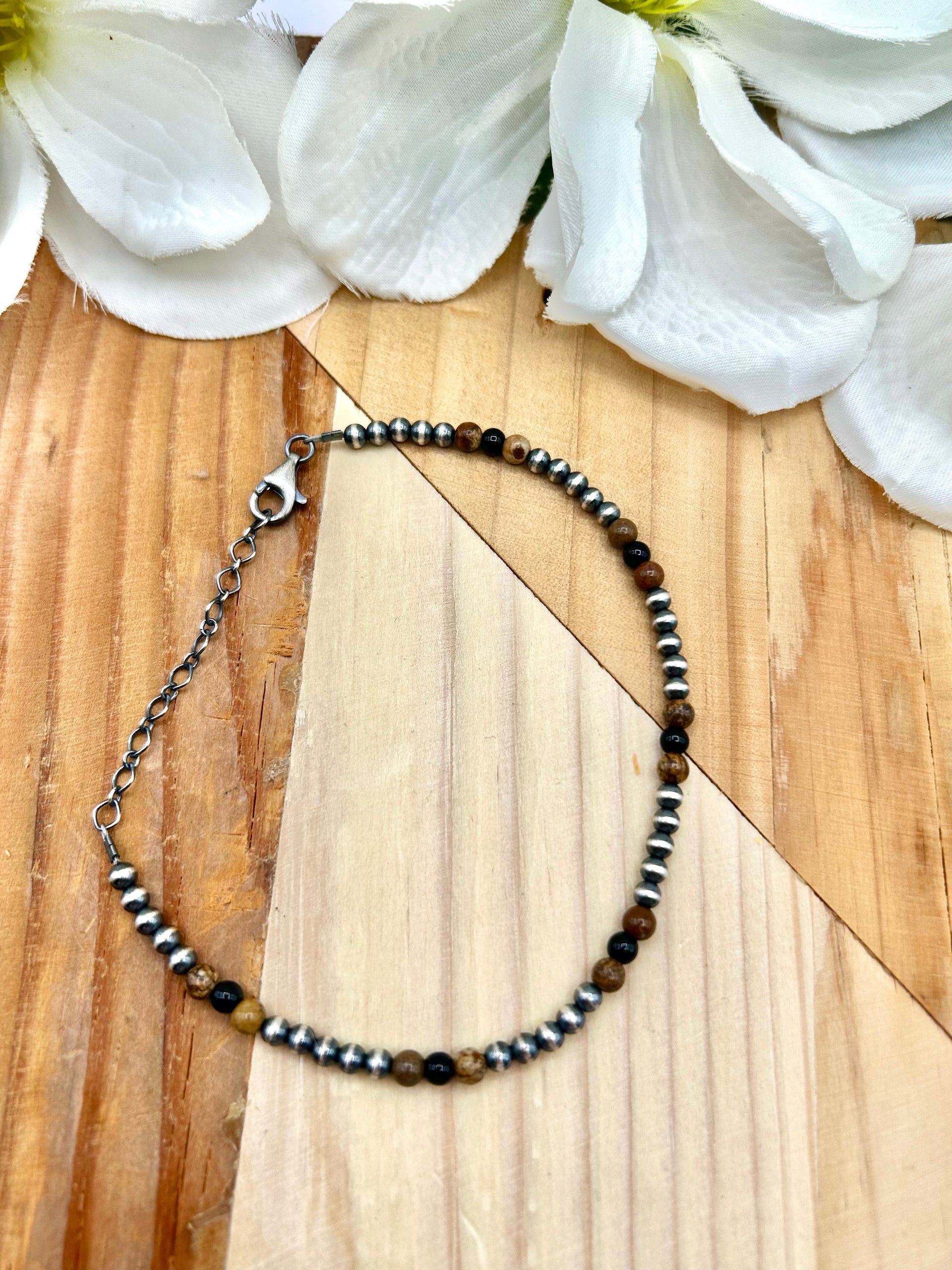 Navajo Made Multi Stone & Sterling Silver Strung Anklet