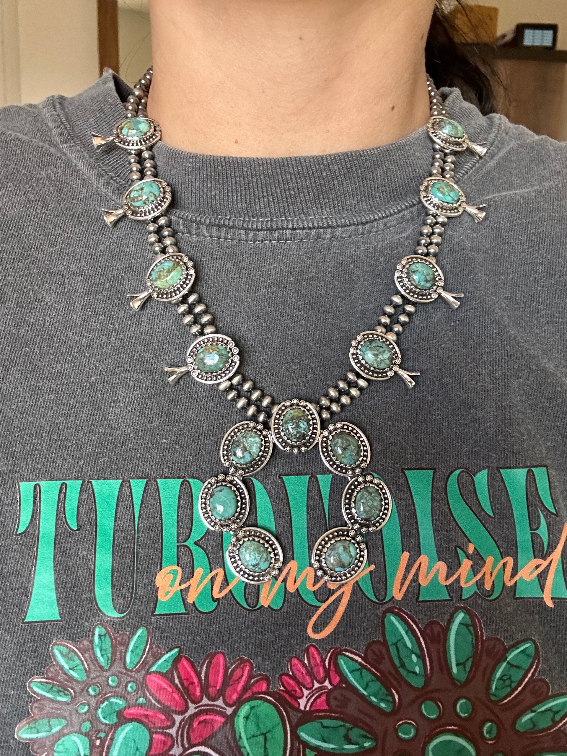 Southwest Handmade Kingman Turquoise & Sterling Silver Squash Blossom