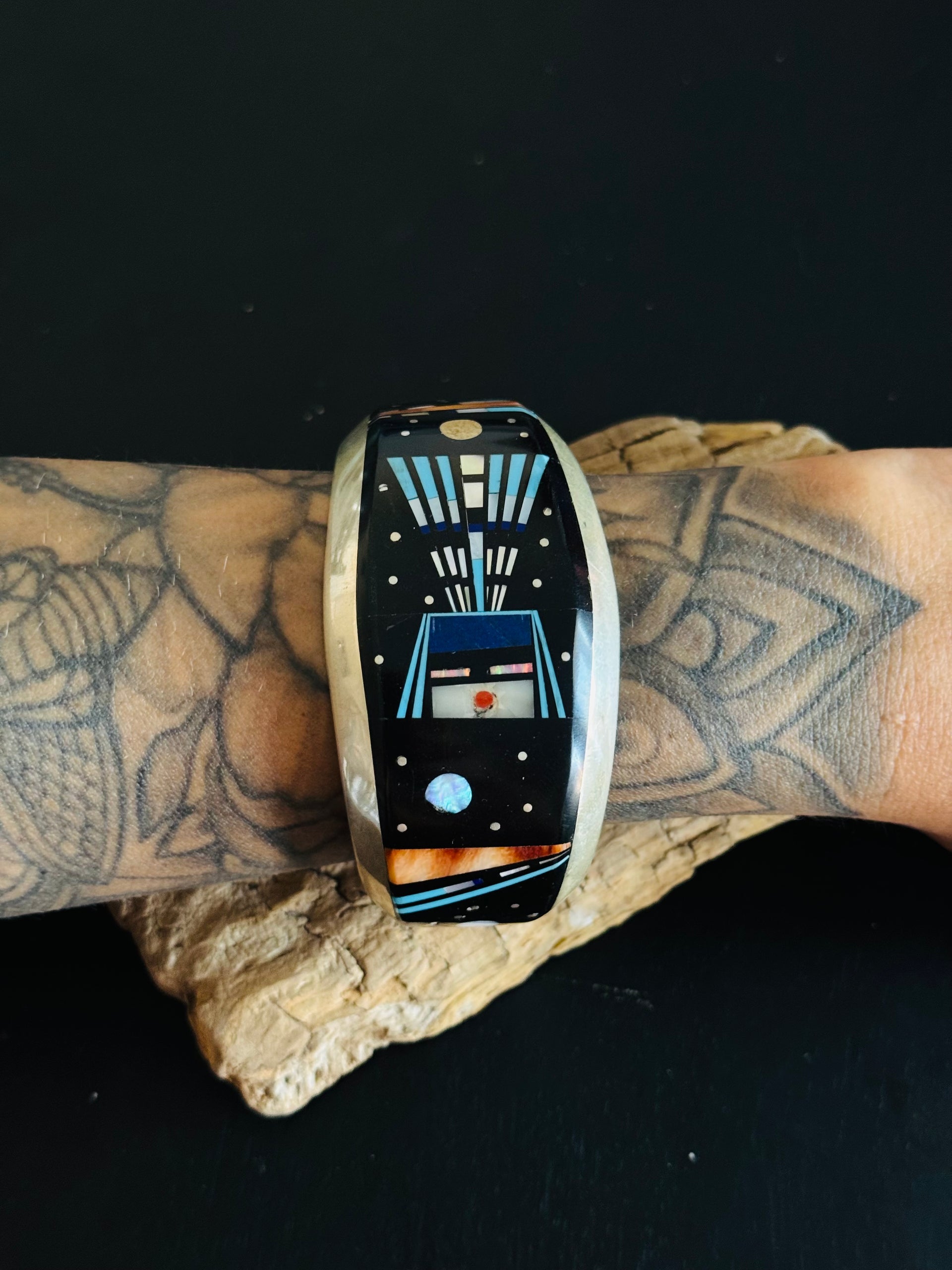 Vintage Emory Yazzie Multi Stone & Sterling Silver Inlay Galaxy Cuff Bracelet