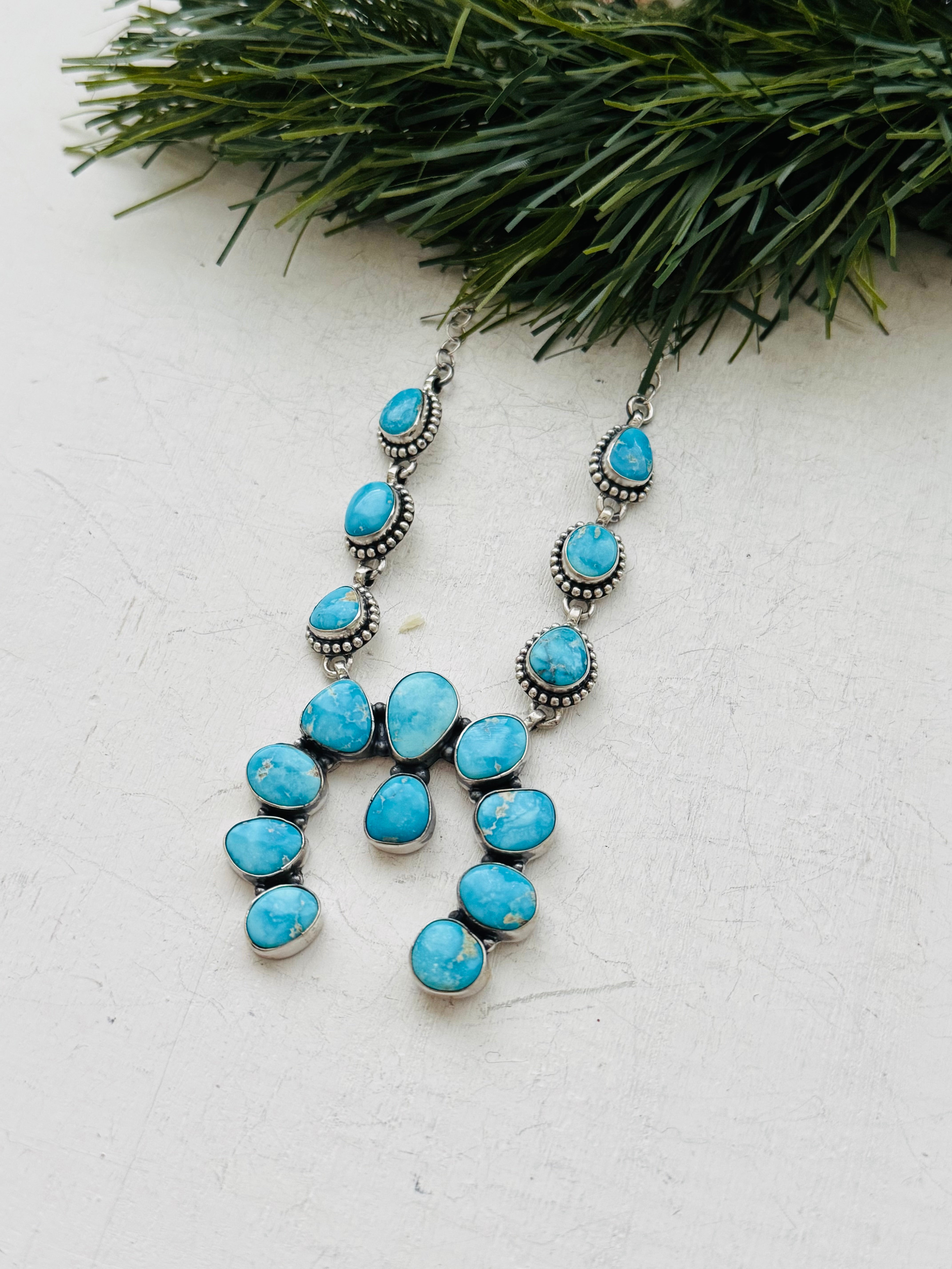 TTD Valley Blue Turquoise & Sterling Silver Squash Naja Necklace