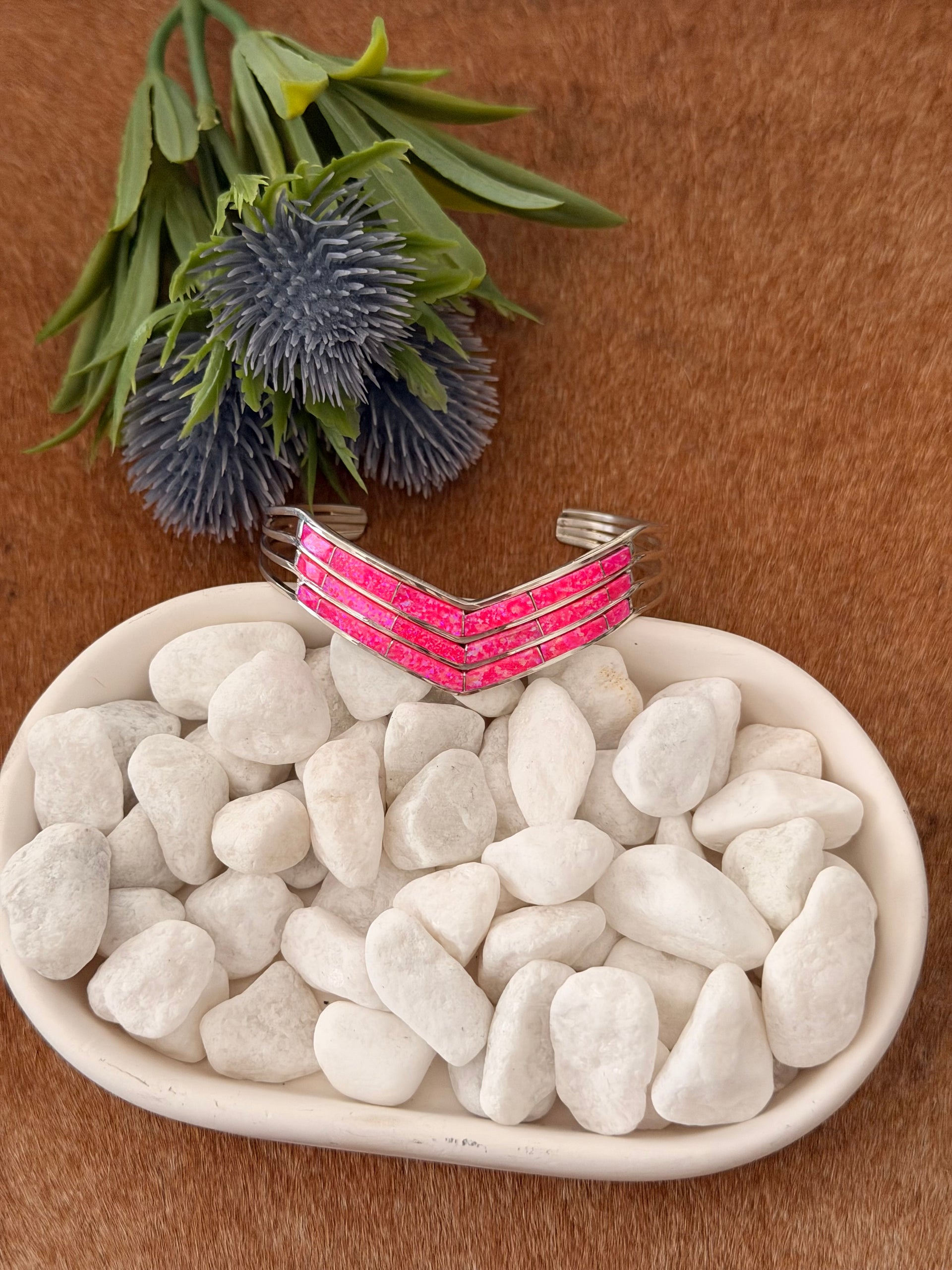 Navajo Made Pink Opal & Sterling Silver Cobblestone Cuff Bracelet