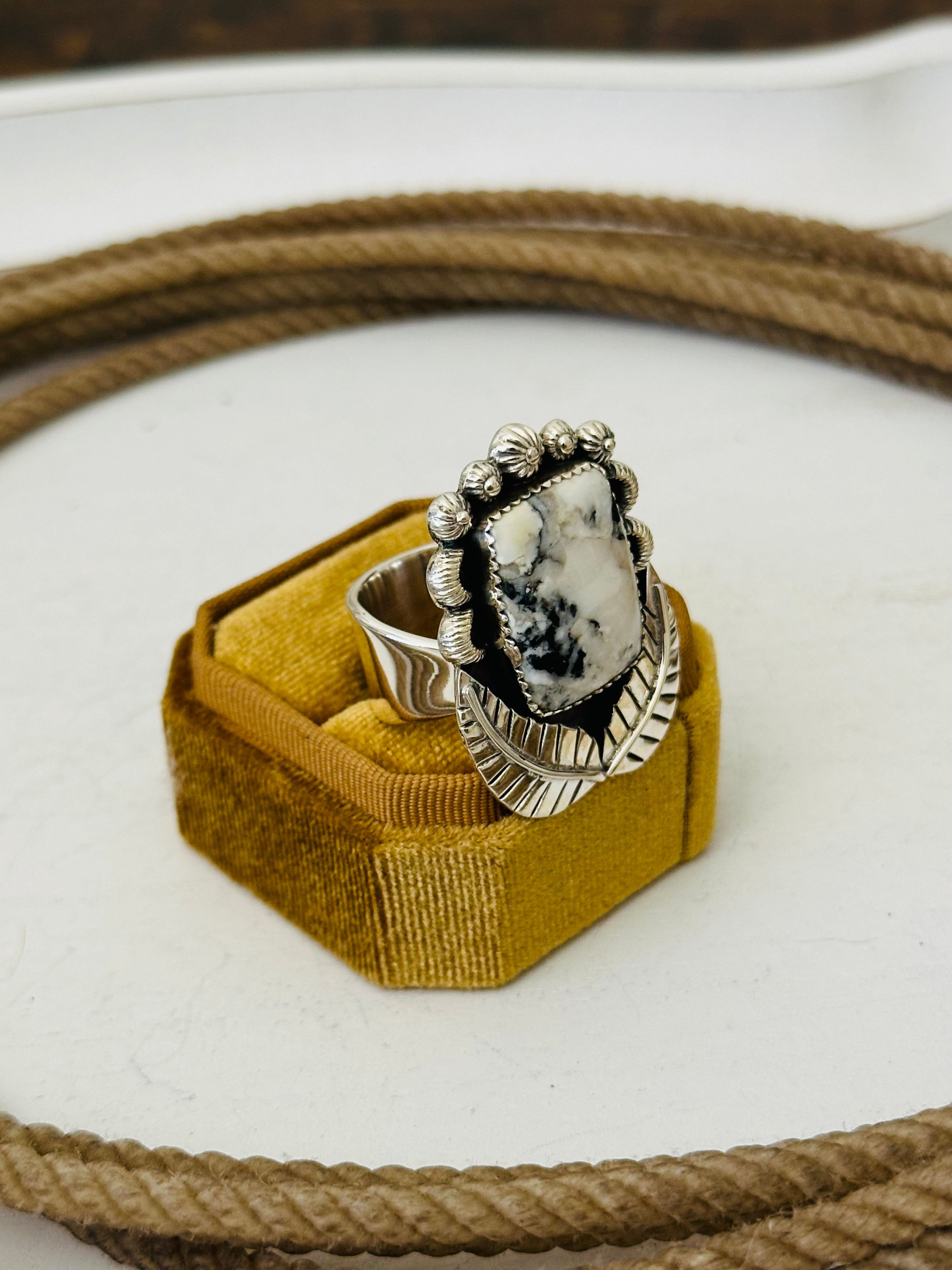 Southwest Handmade White Buffalo & Sterling Silver Adjustable Ring