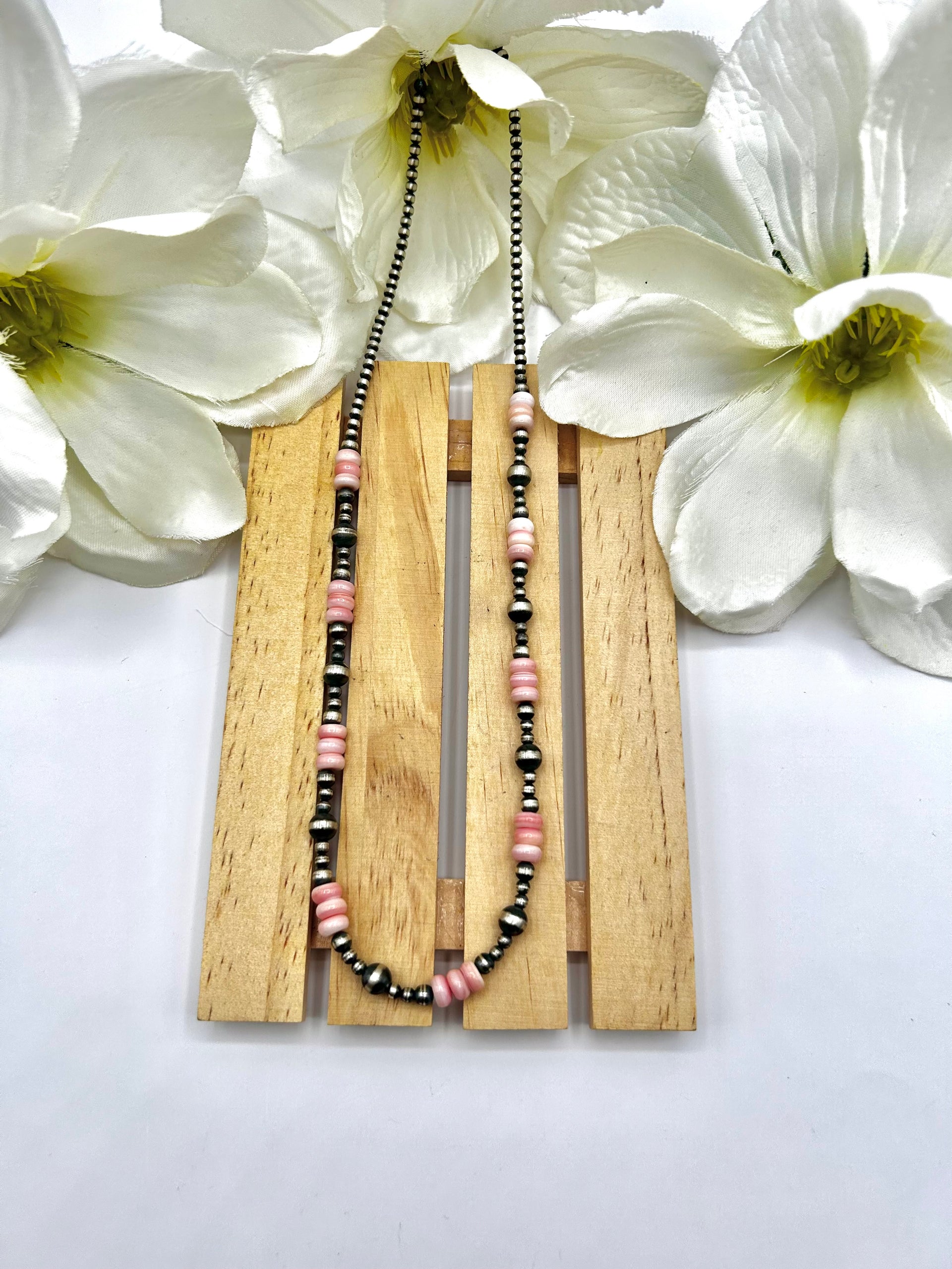 Navajo Made Strung Pink Conch & Sterling Silver Necklace