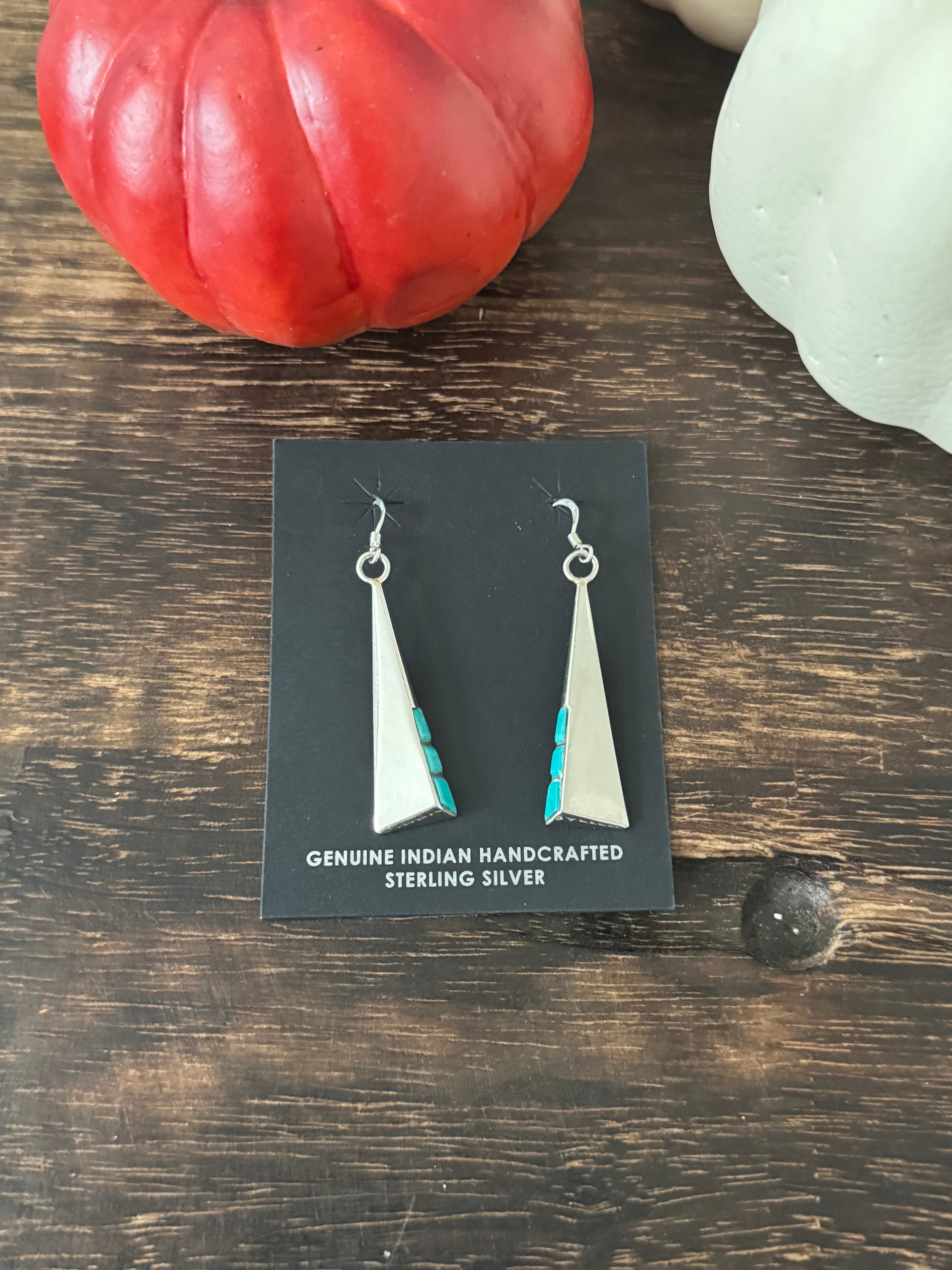 Navajo Made Kingman Turquoise & Sterling Silver Inlay Dangle Earrings