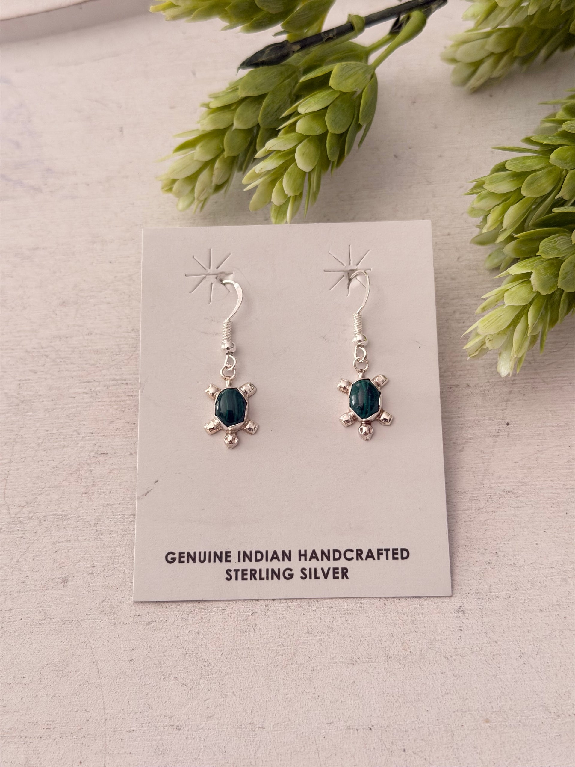 Navajo Made Malachite & Sterling Silver Turtle Dangle Earrings