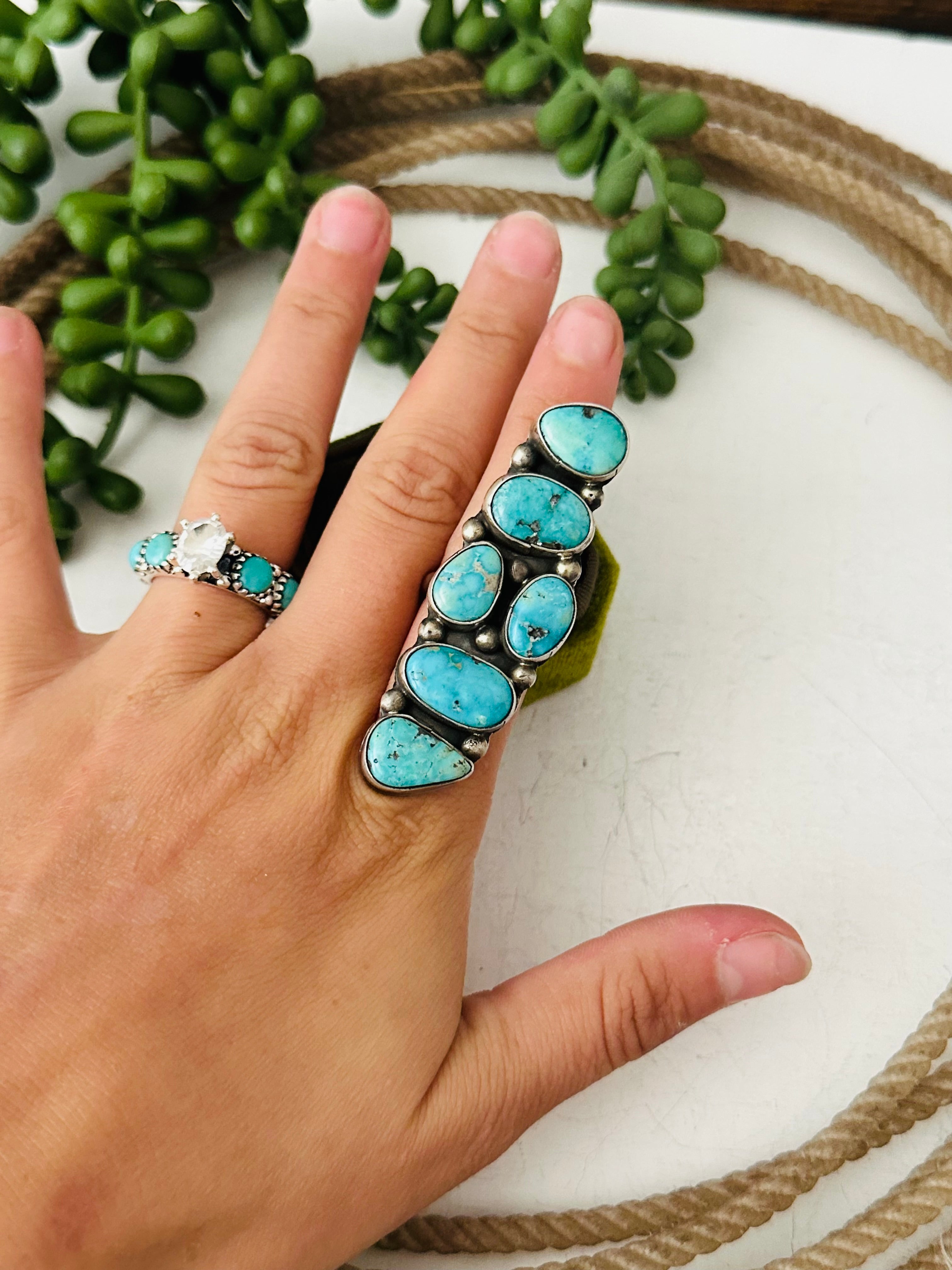 Sheila Becenti White Water Turquoise & Sterling Silver Adjustable Cluster Ring