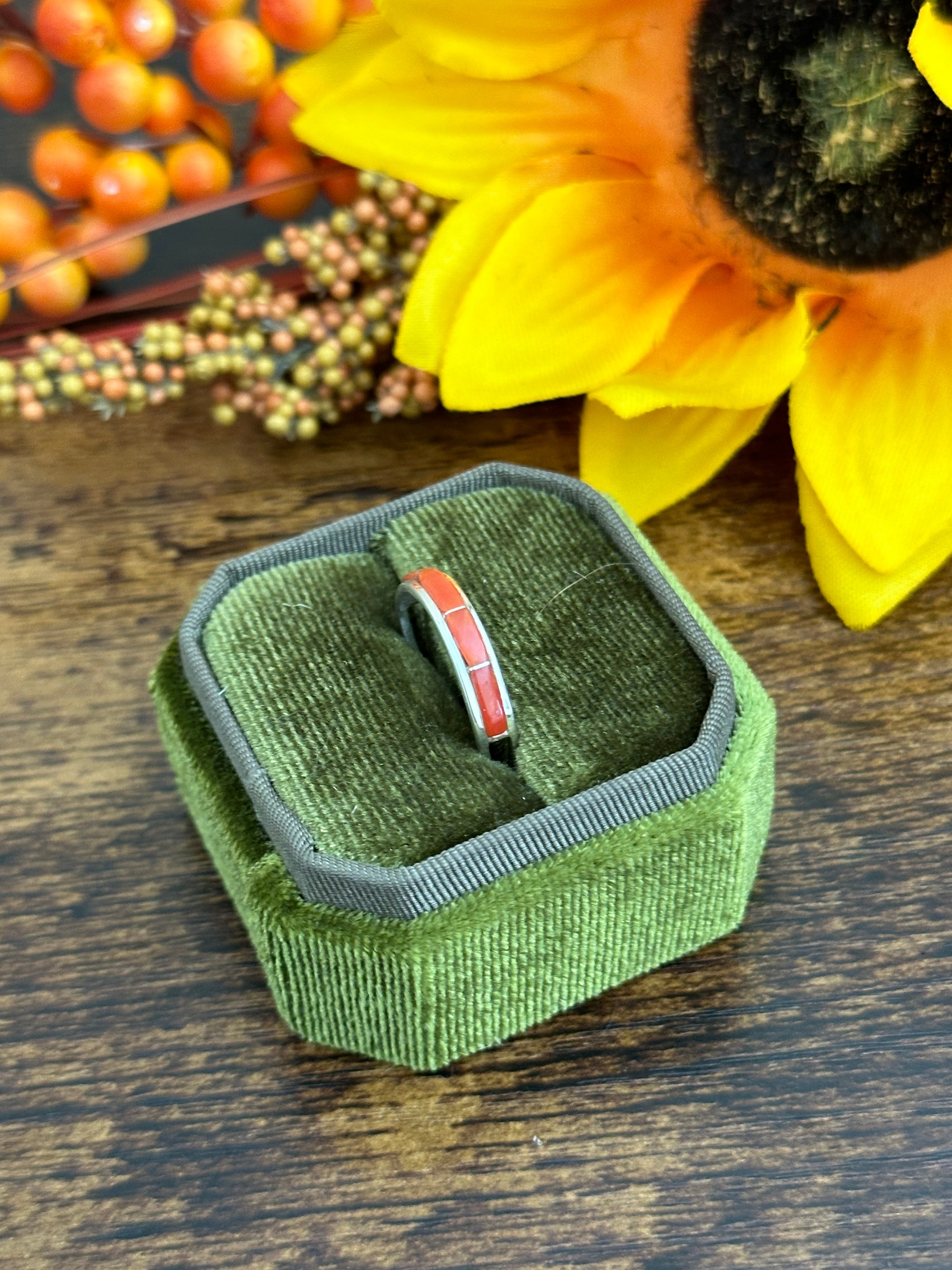 Navajo Made Red Coral & Sterling Silver Ring