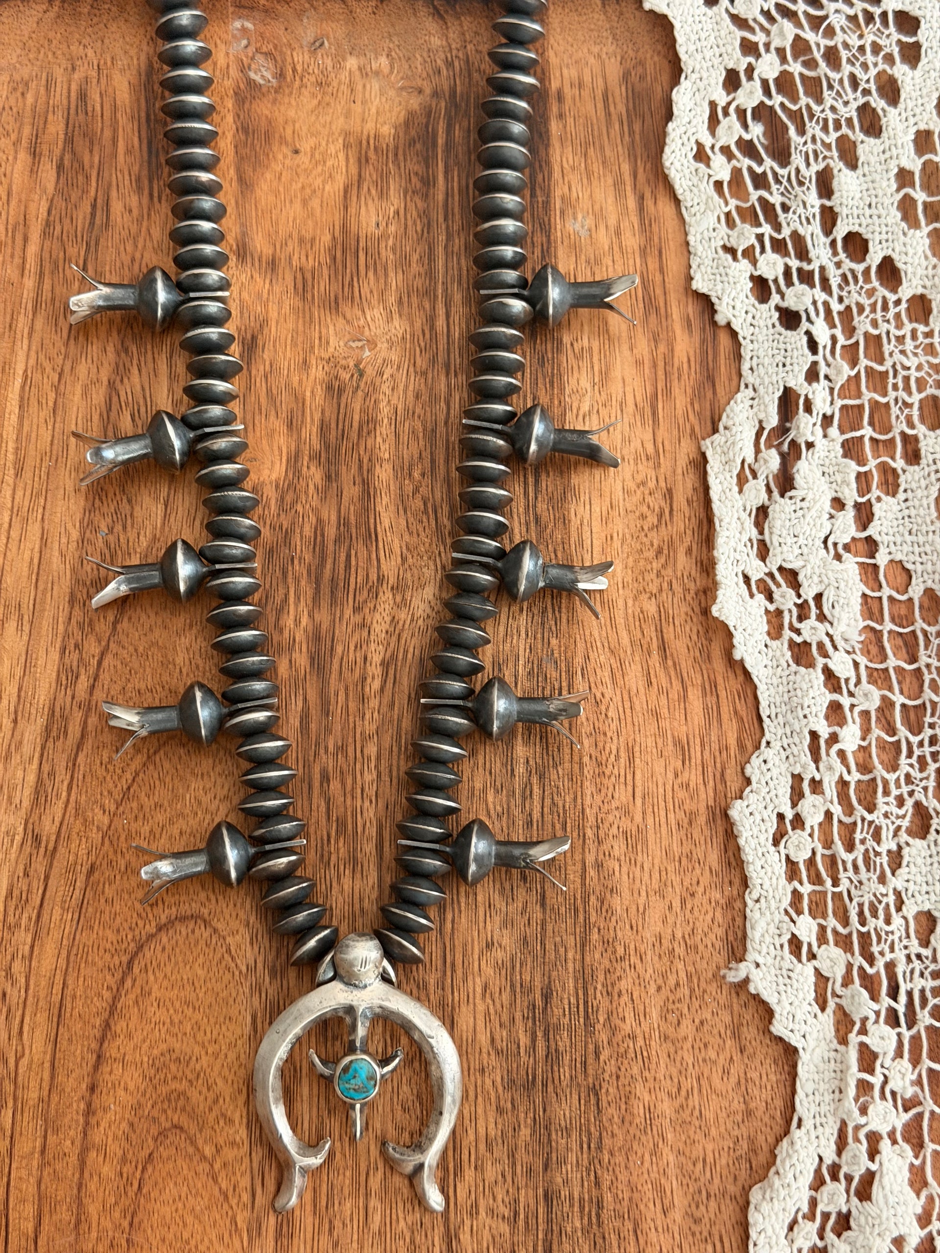 Richard Yazza Kingman Turquoise & Sterling Silver Squash Blossom Necklace