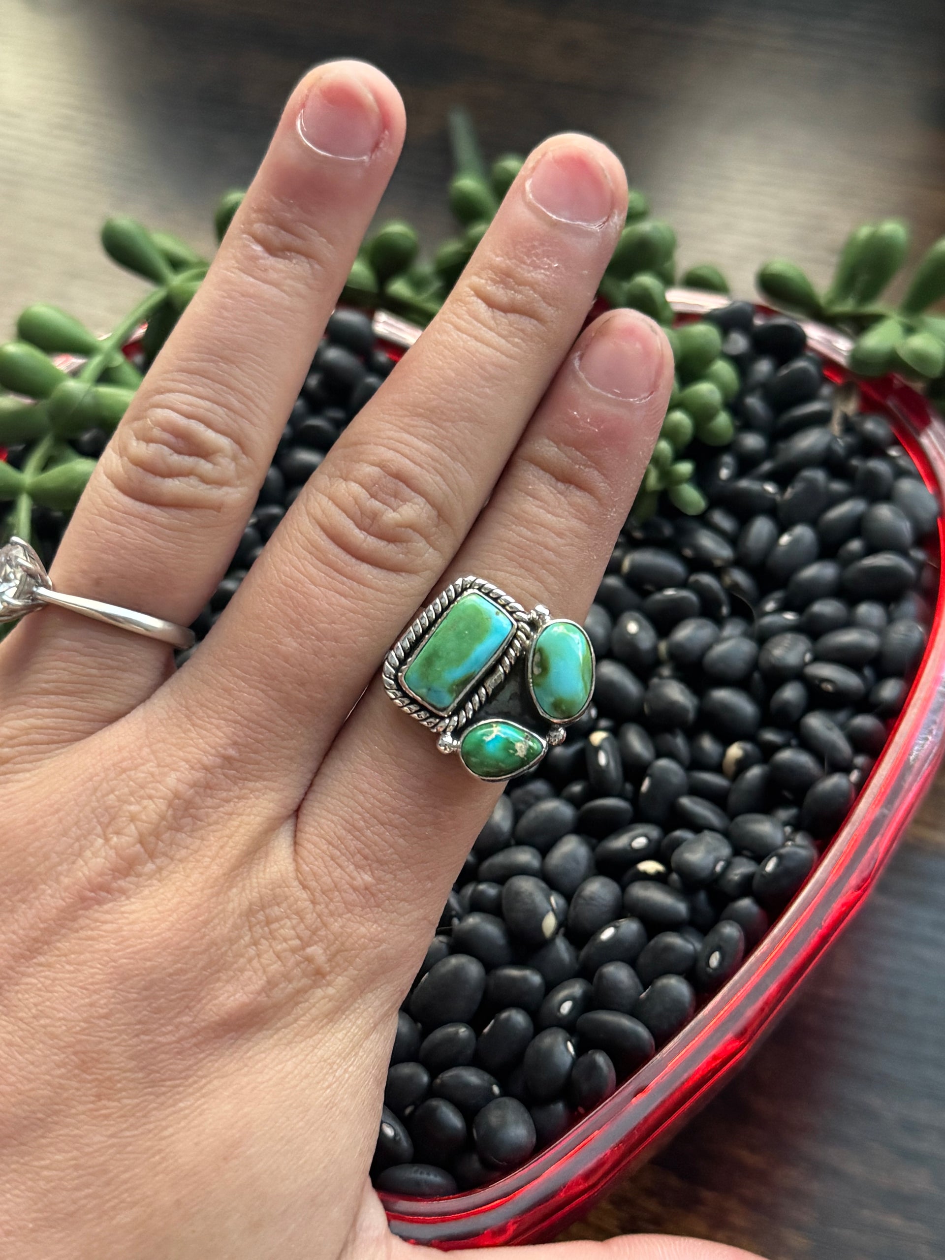 Southwest Handmade Sonoran Mountain Turquoise & Sterling Silver Adjustable Cluster Ring