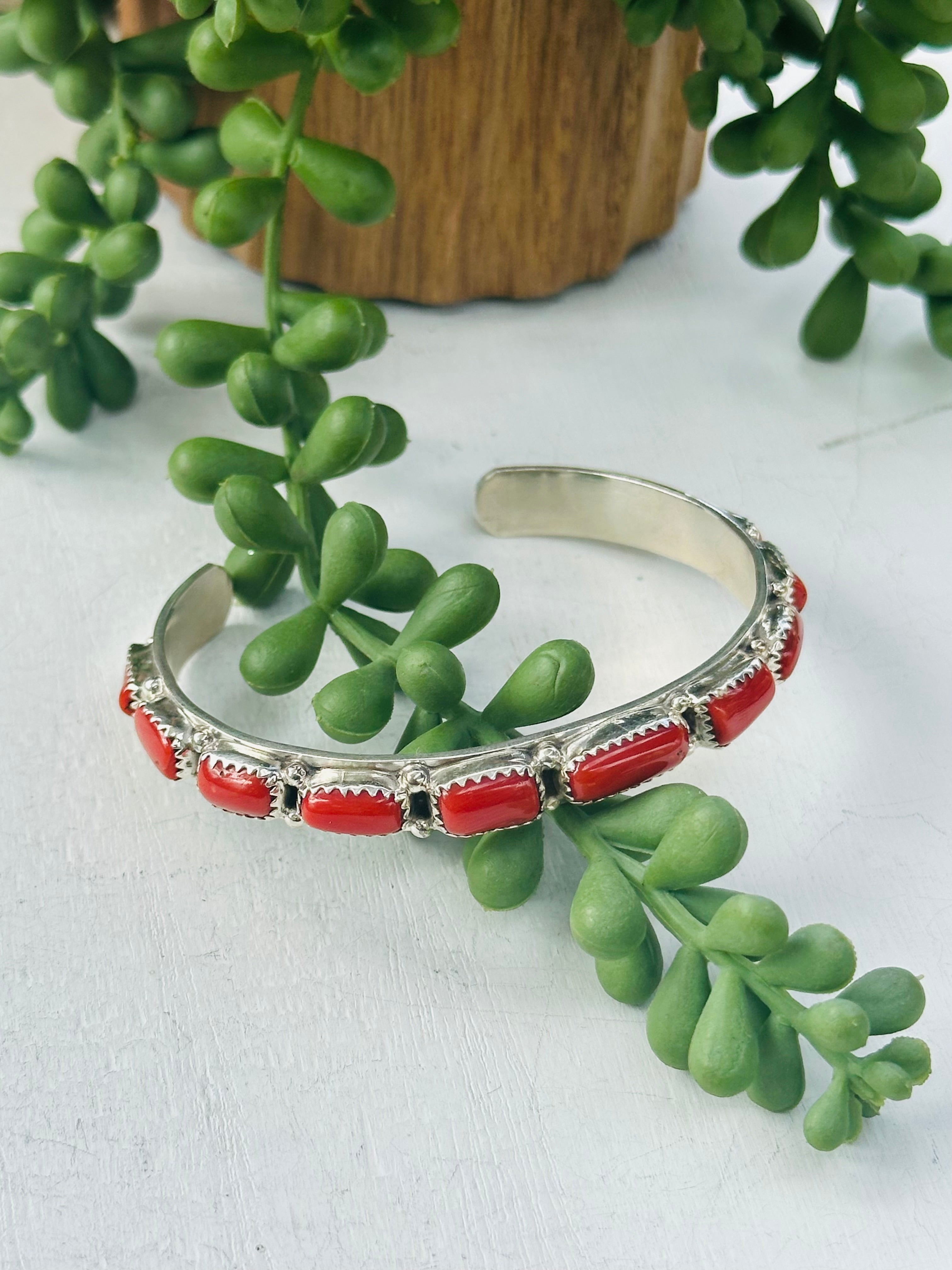 Annie Spencer Red Coral & Sterling Silver Cuff Bracelet