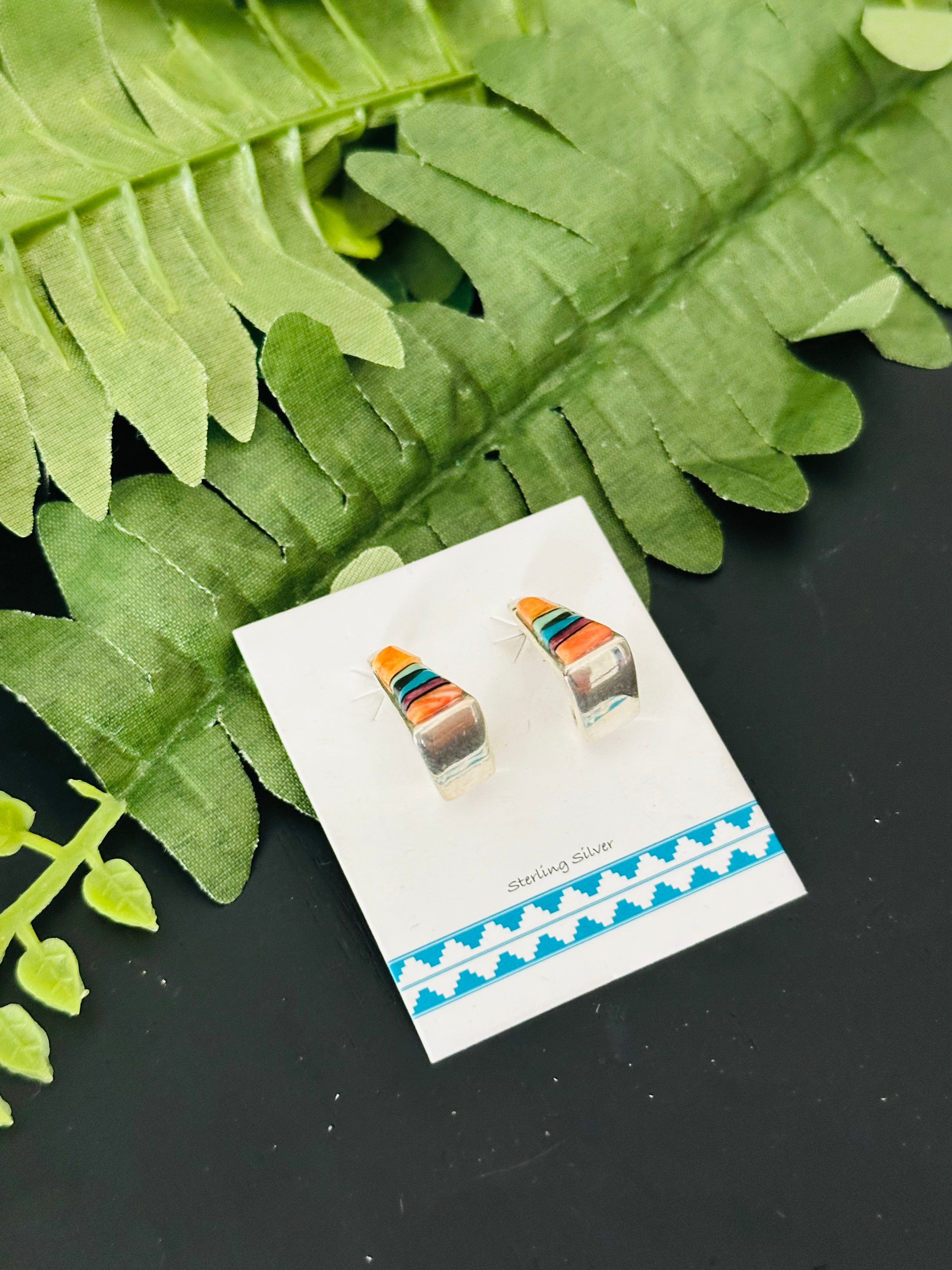 Navajo Made Multi Stone & Sterling Silver Inlay Post Earrings