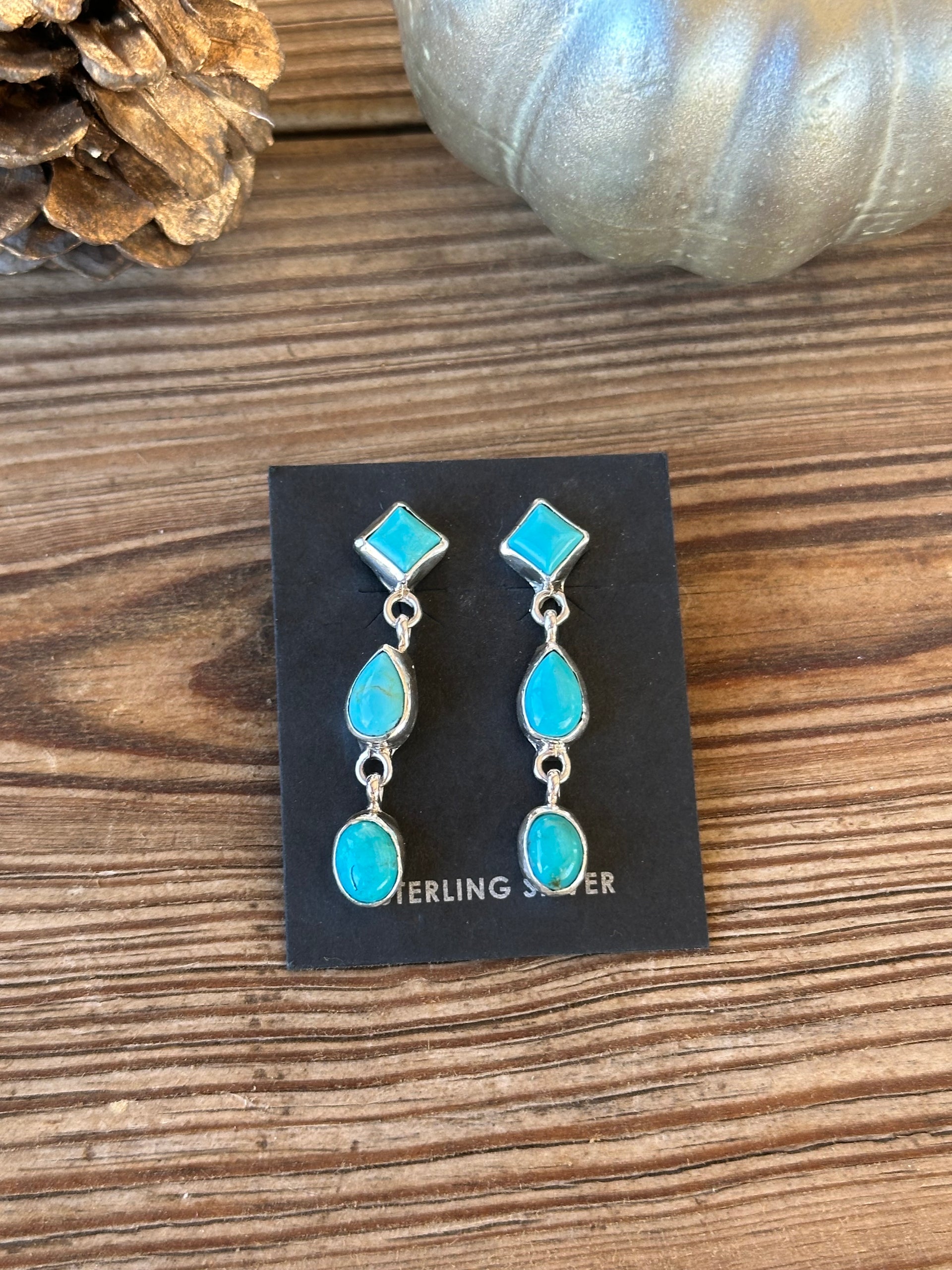 Navajo Made Kingman Turquoise & Sterling Silver Post Dangle Earrings