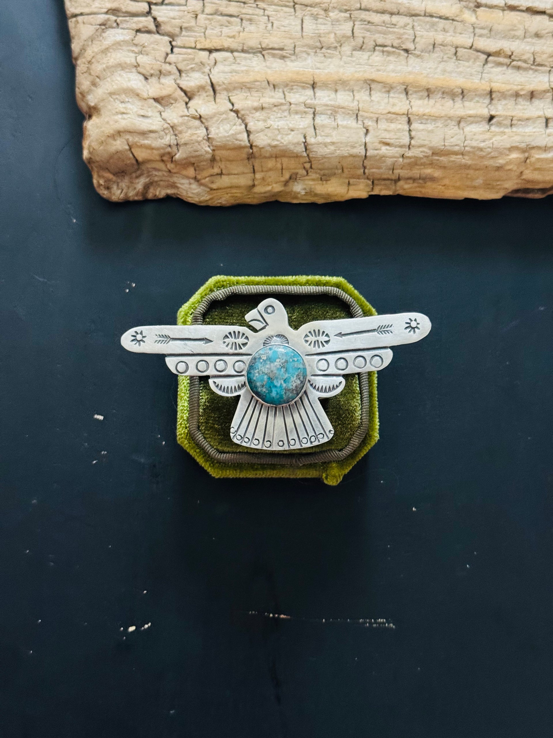 Leroy James Kingman Turquoise & Sterling Silver Thunderbird Adjustable Ring