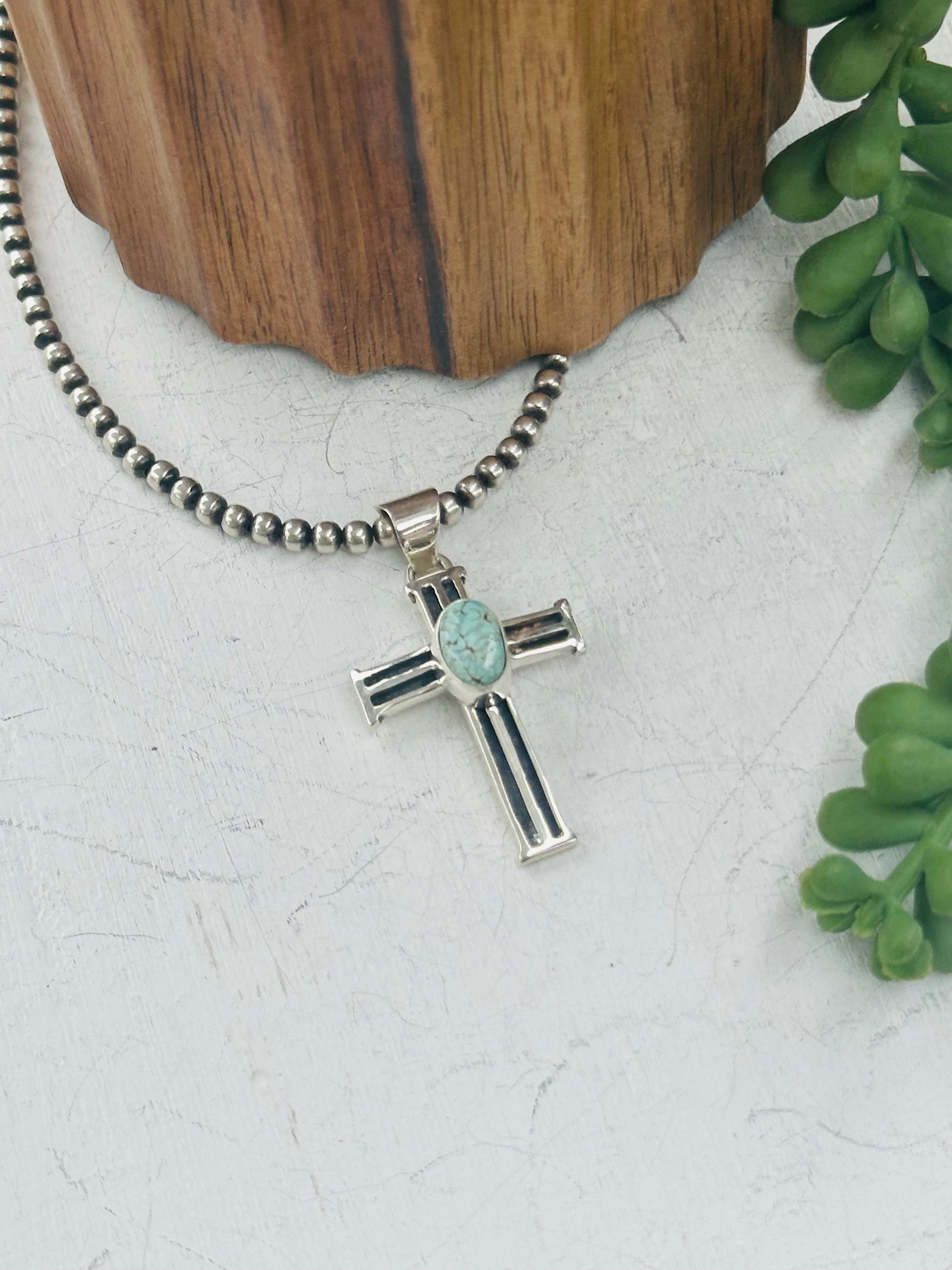 Navajo Made Dry Creek Turquoise & Sterling Silver Cross Pendant