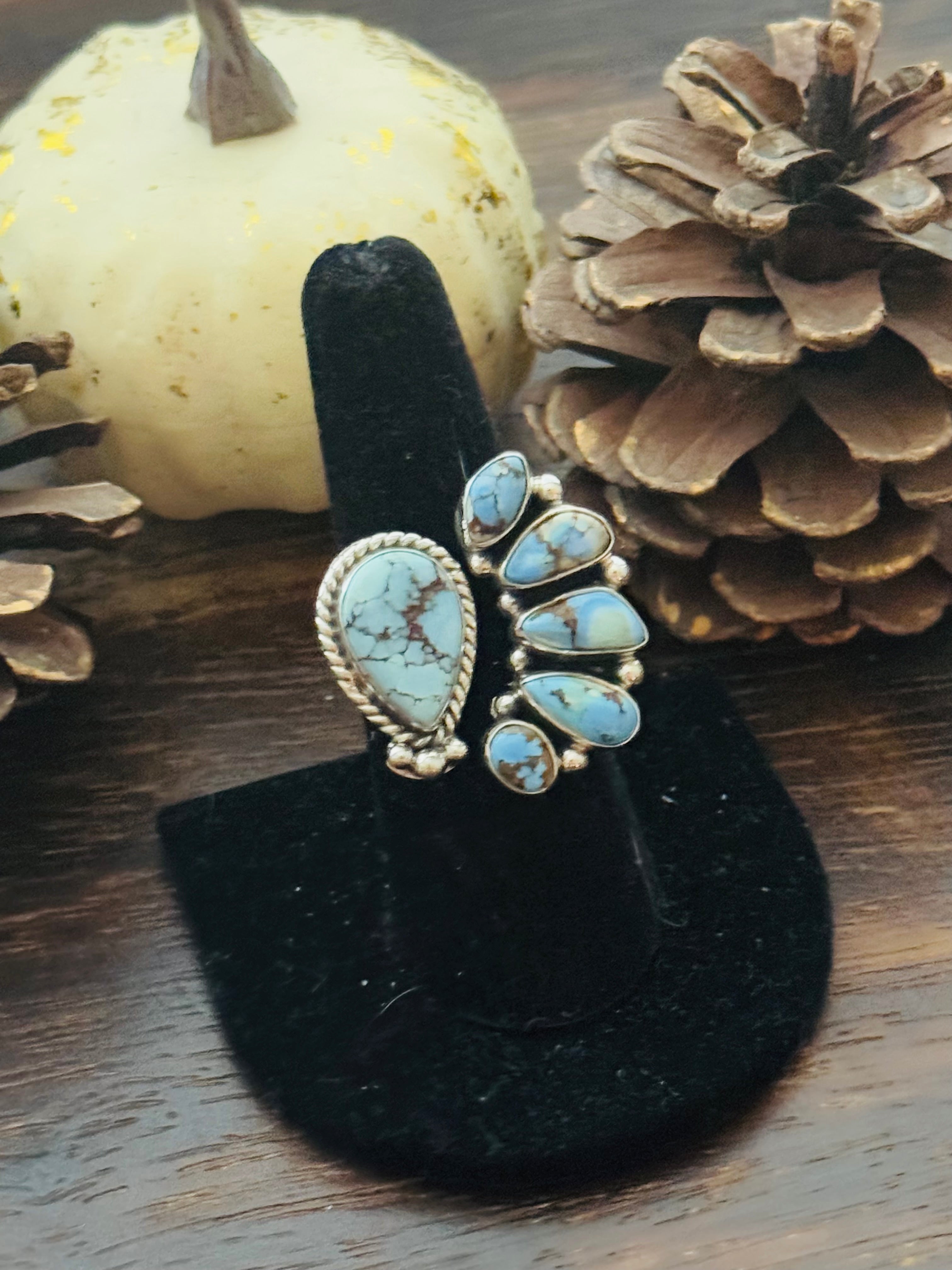 Southwest Handmade Golden Hills Turquoise & Sterling Silver Adjustable Cluster Ring