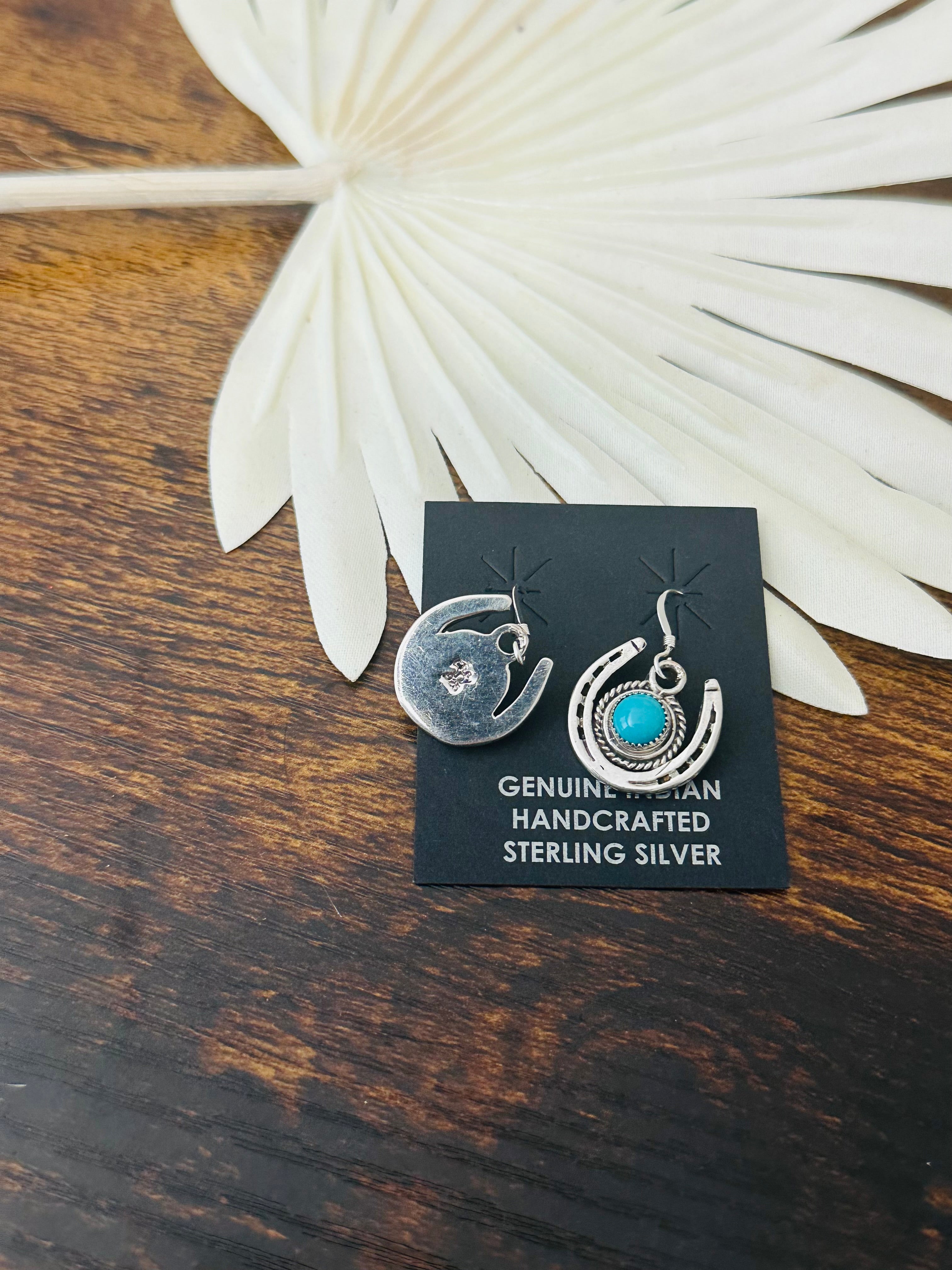 Navajo Made Kingman Turquoise & Sterling Silver Horse Shoe Dangle Earrings