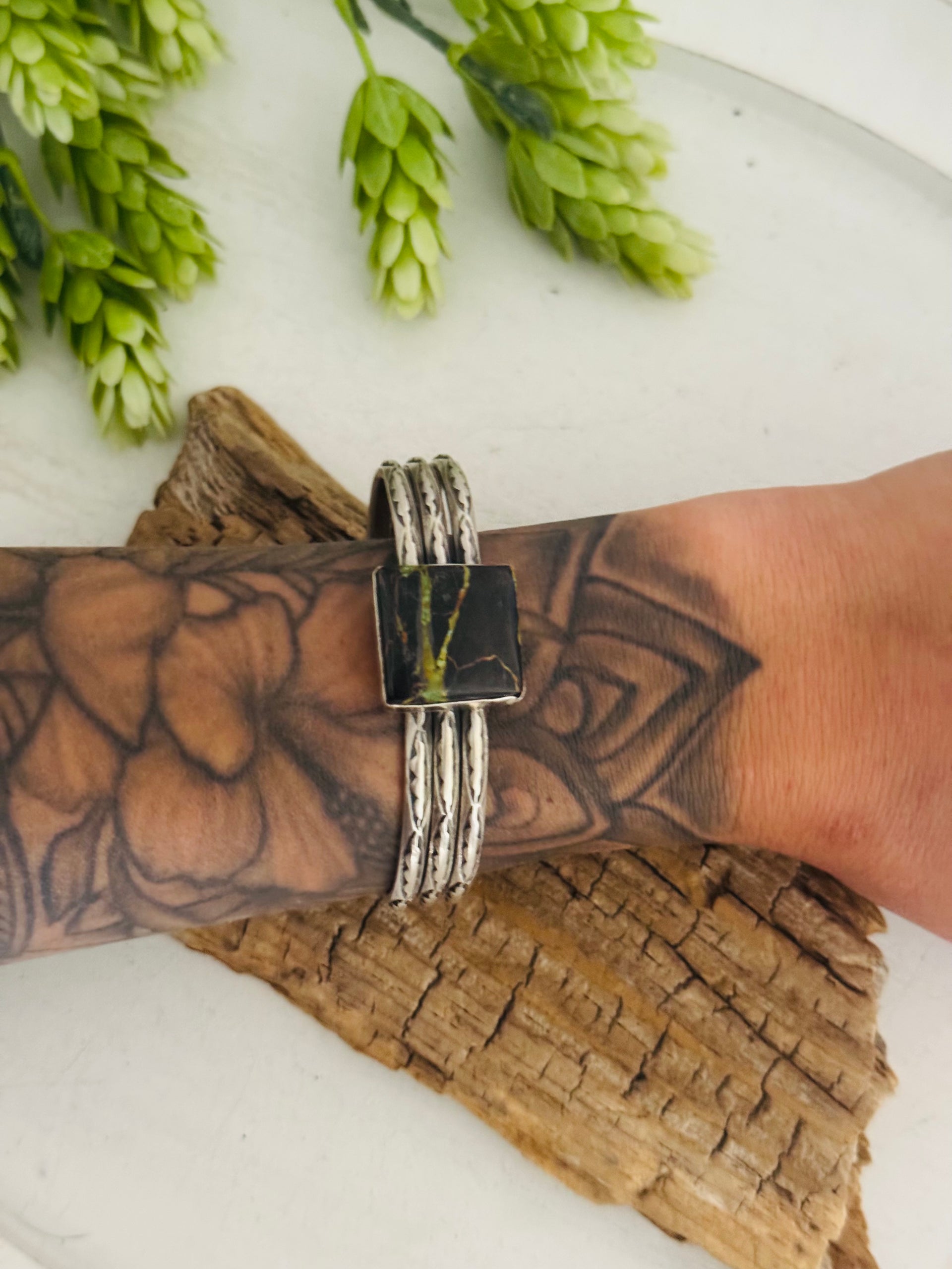 Navajo Made Black Jack Turquoise & Sterling Silver Cuff Bracelet