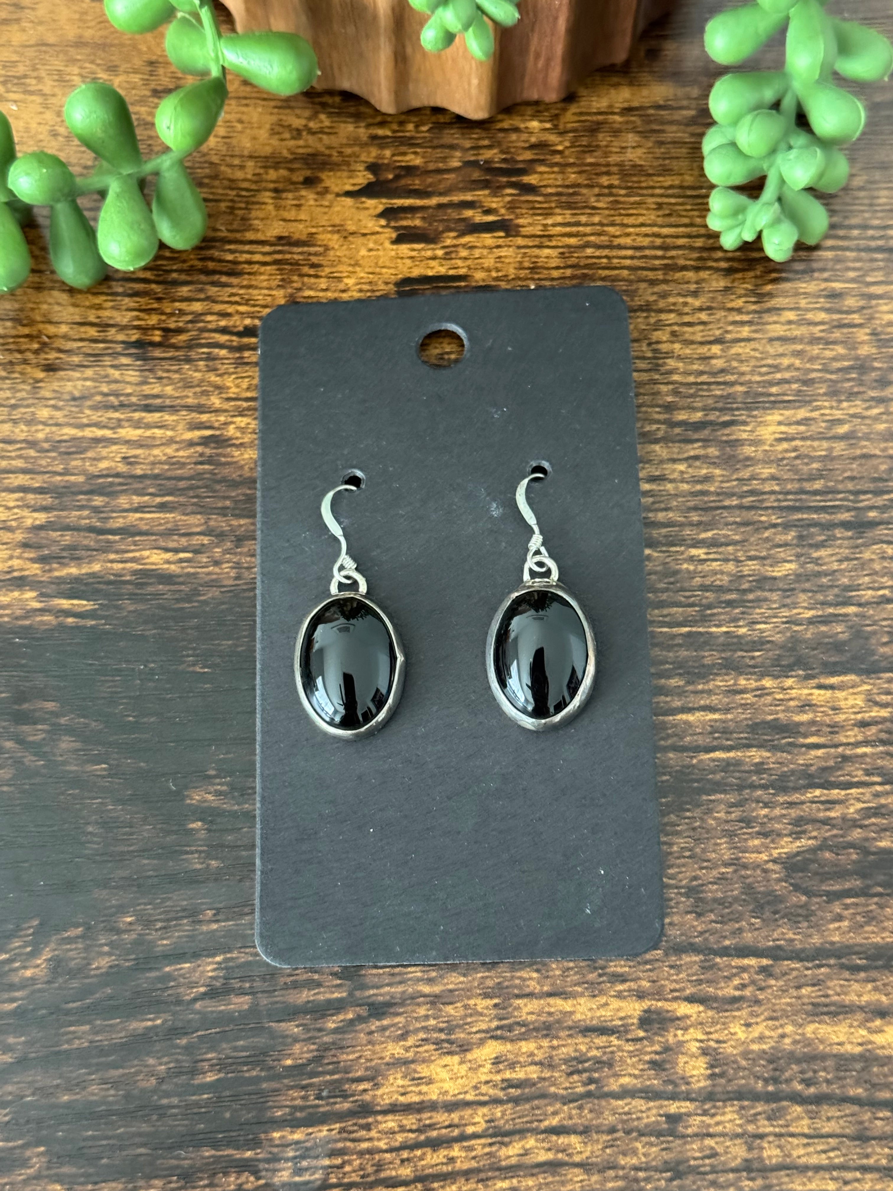 Navajo Made Onyx & Sterling Silver Dangle Earrings