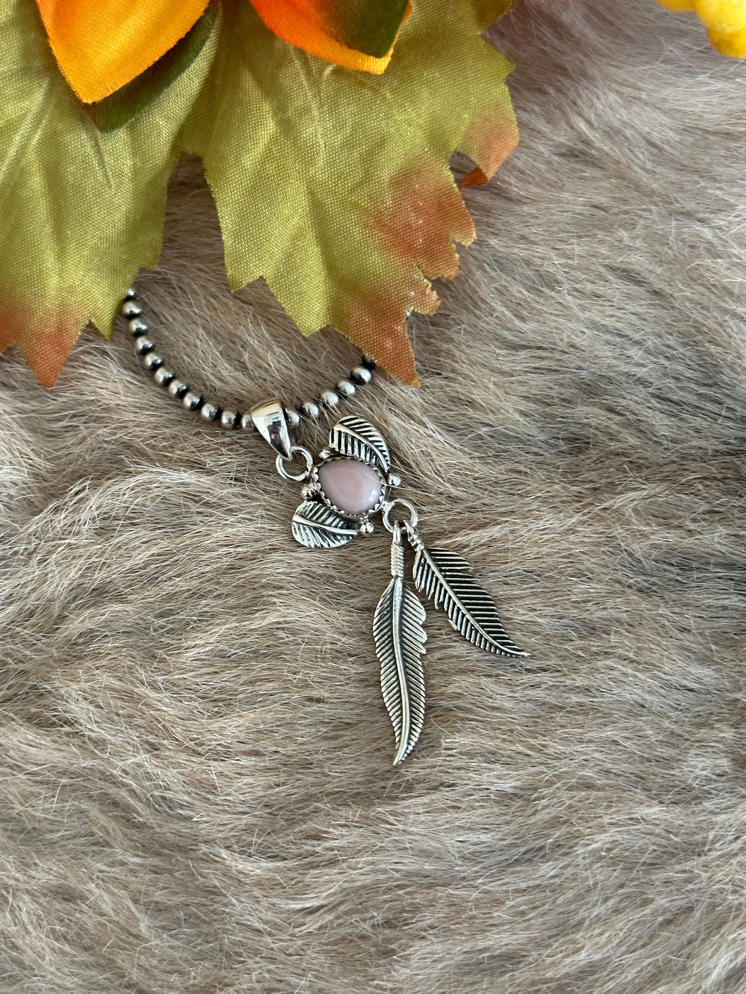 Southwest Handmade Pink Conch & Sterling Silver Feather Pendants