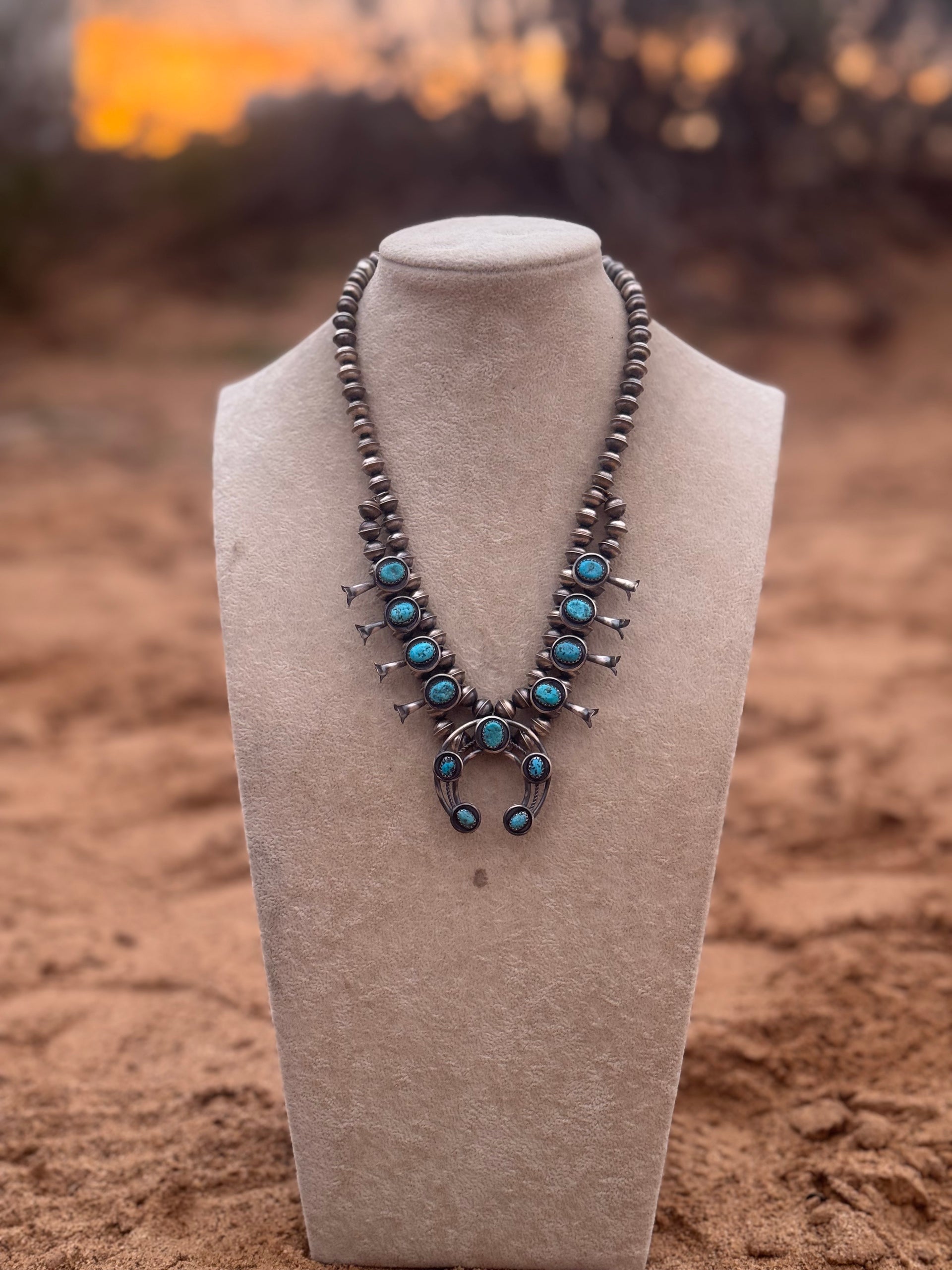 Lenora Garcia Kingman Turquoise & Sterling Silver Squash Blossom Necklace Set