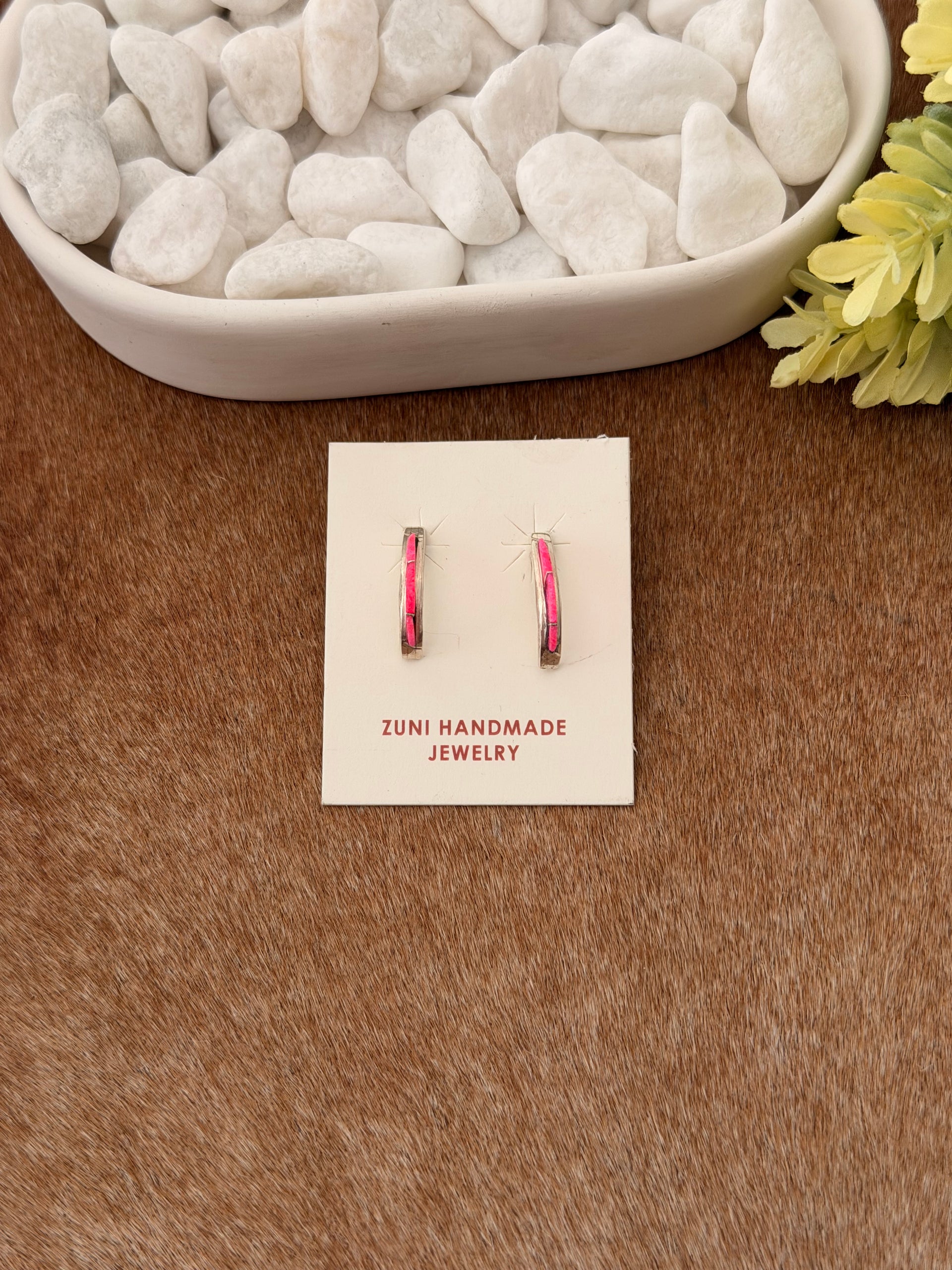 Zuni Made Pink Opal & Sterling Silver Post Hoop Earrings