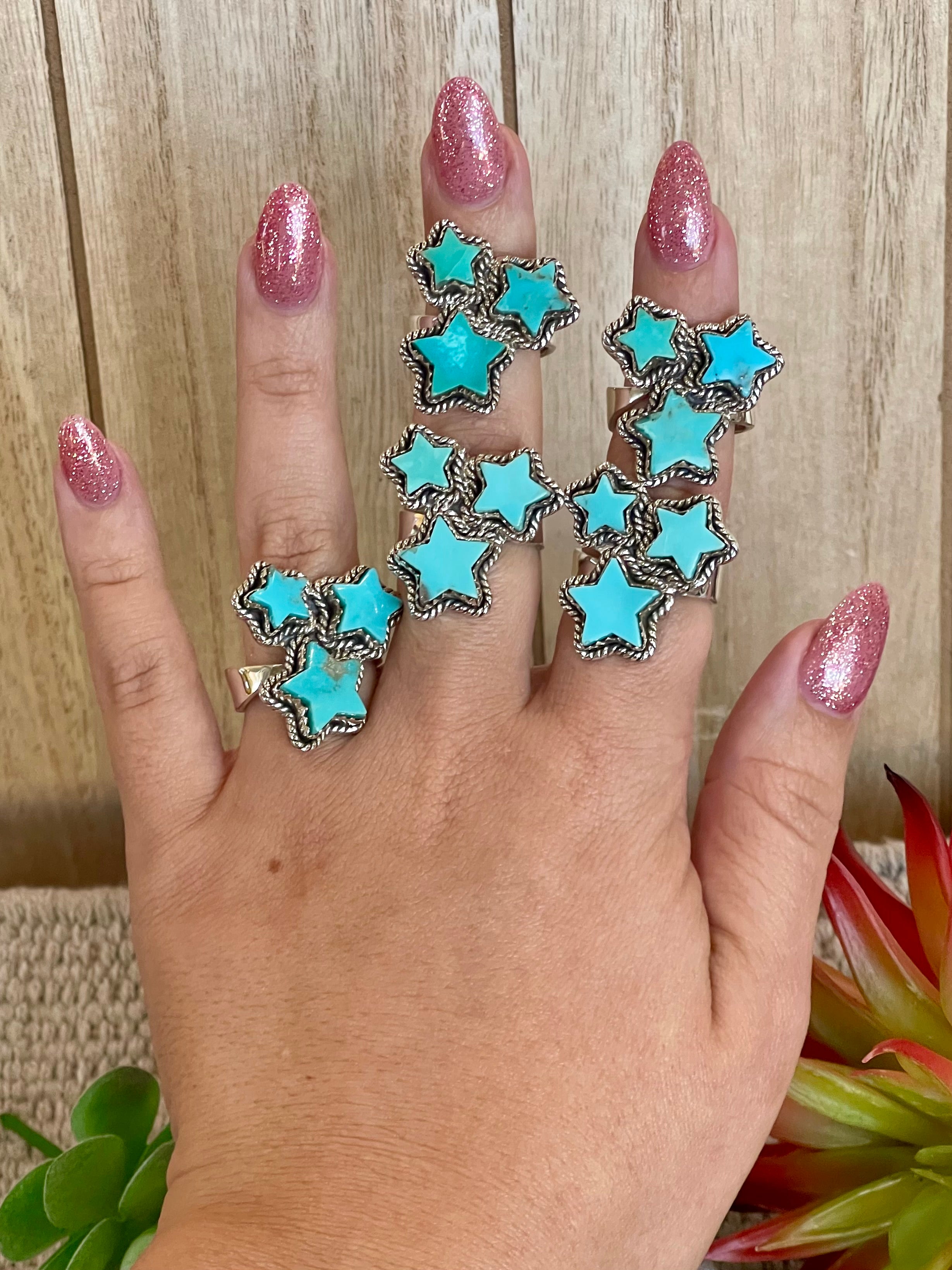 Southwest Handmade Kingman Turquoise & Sterling Silver Adjustable Star Ring