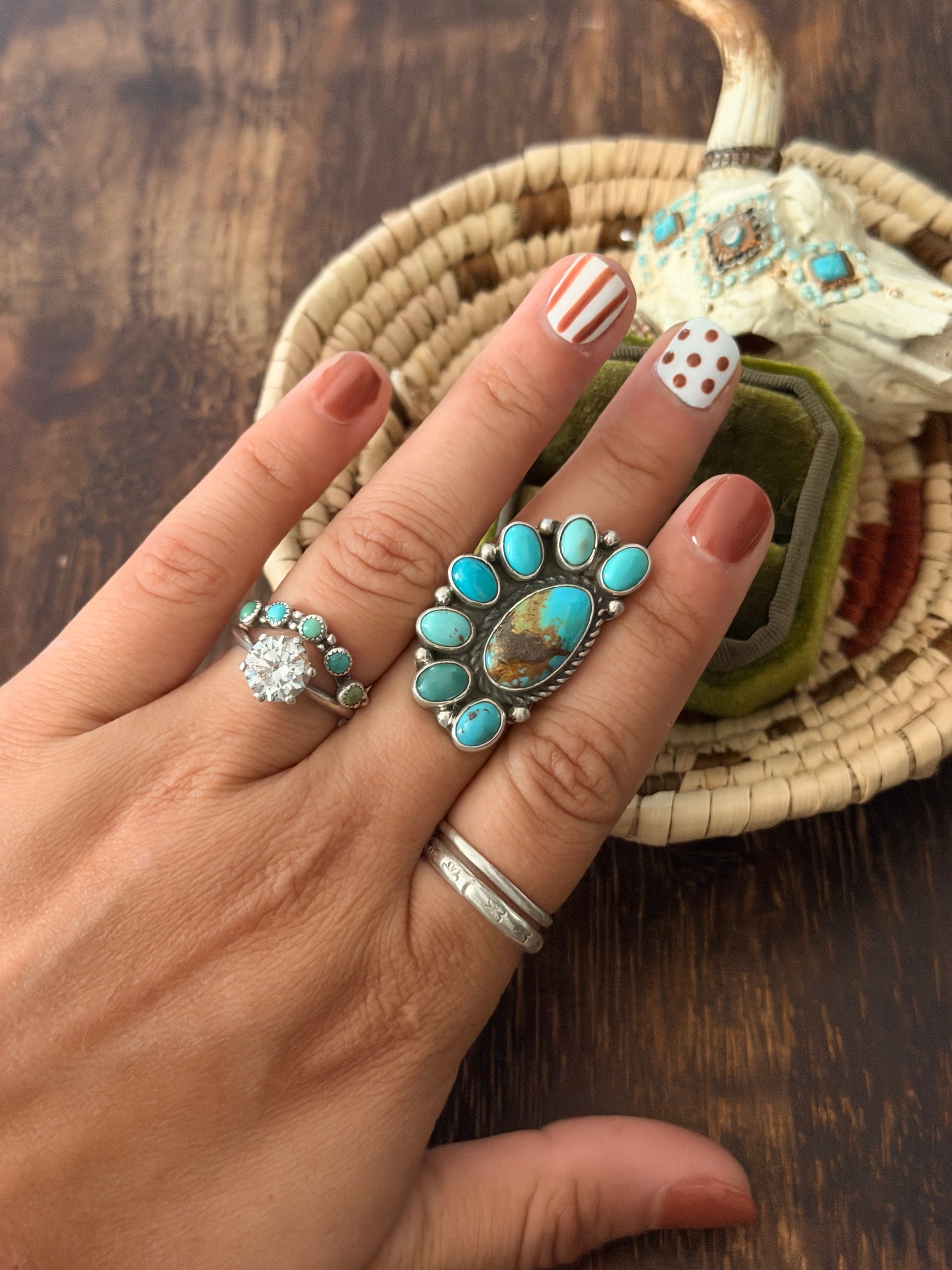Geraldine James Kingman Turquoise & Sterling Silver Cluster Adjustable Ring