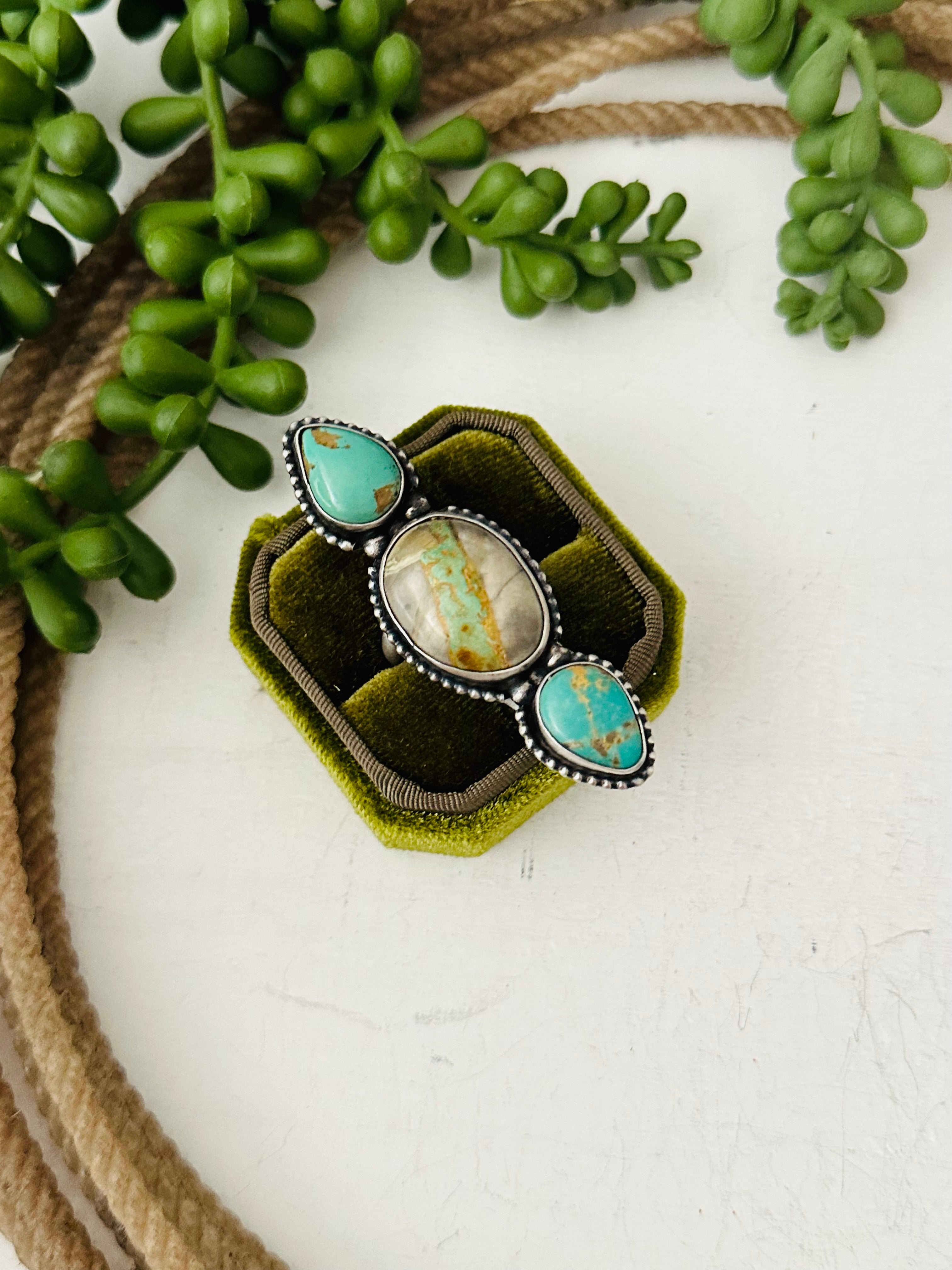 Navajo Made Multi Turquoise & Sterling Silver Adjustable Ring