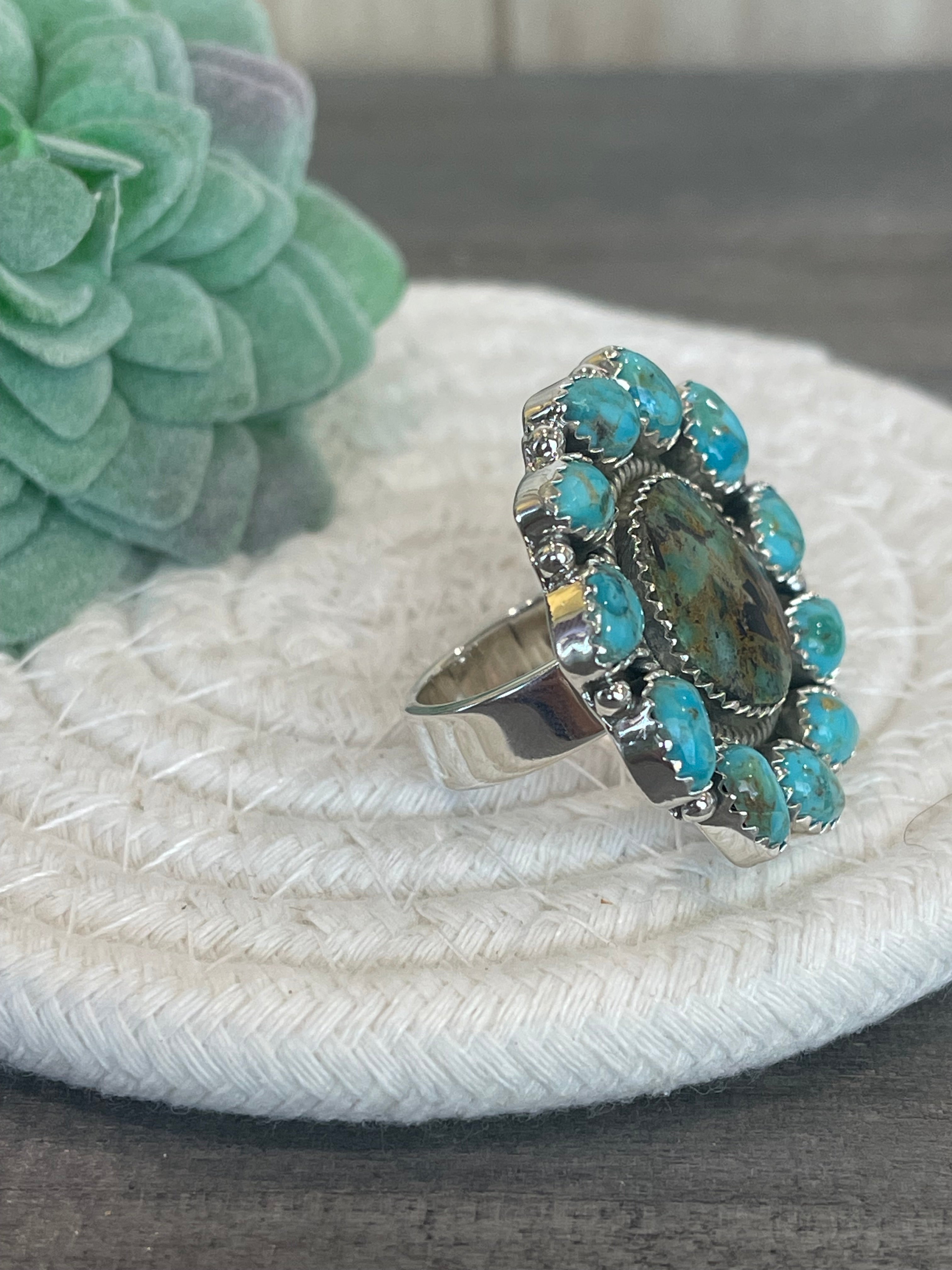 Southwest Handmade BlackJack Turquoise And Kingman Turquoise & Sterling Silver Adjustable Ring