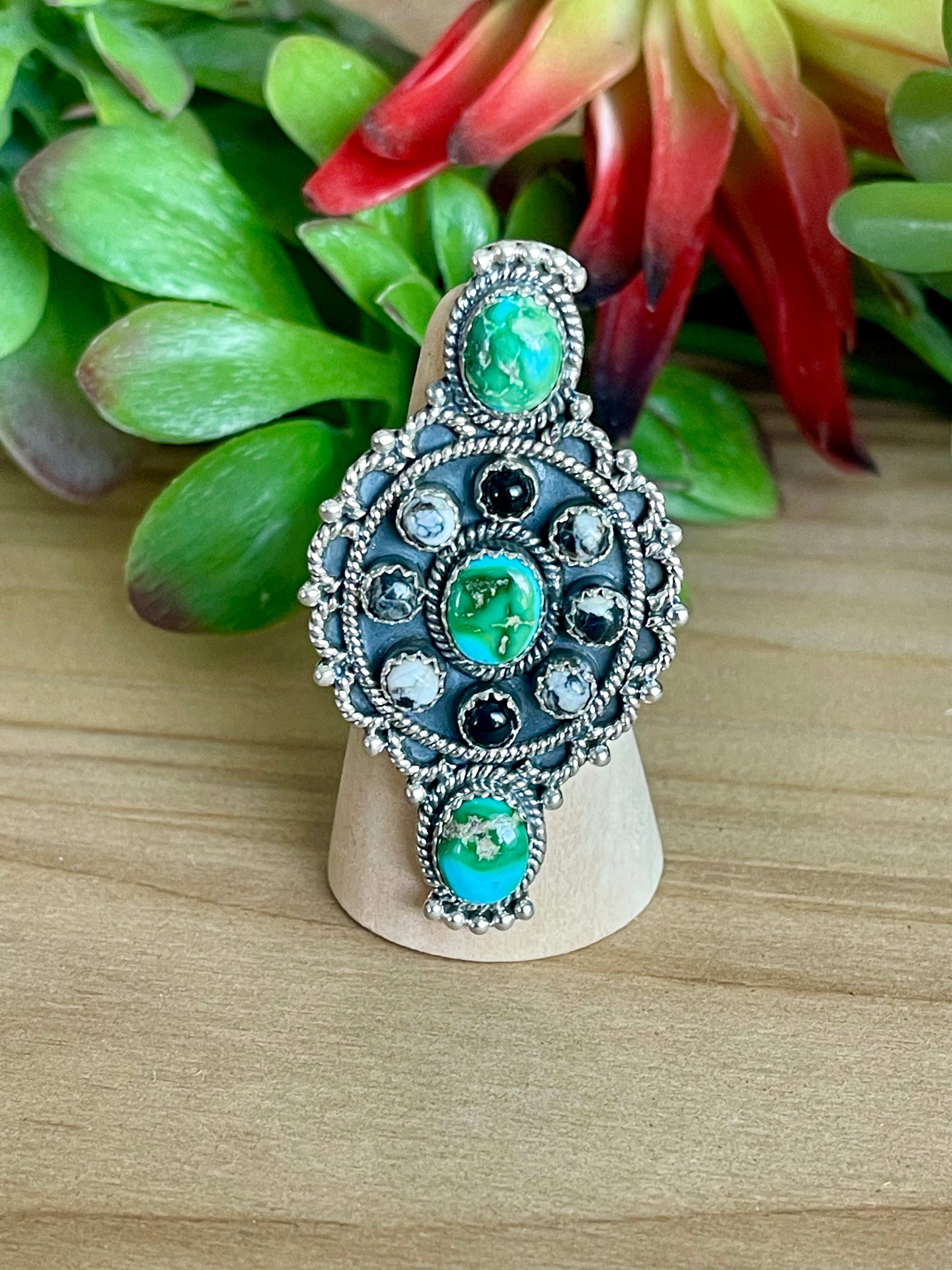 Southwest Handmade Multi Stone & Sterling Silver Adjustable Cluster Ring