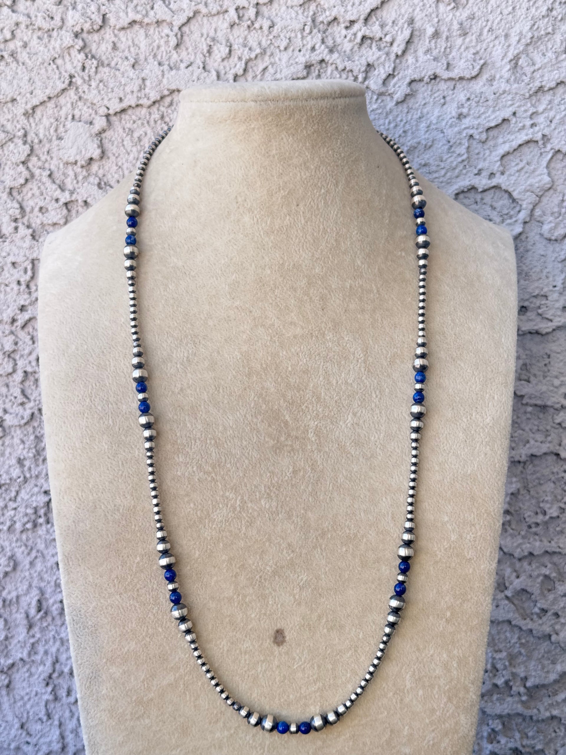 Navajo Strung Lapis & Sterling Silver Graduated Pearl Necklace
