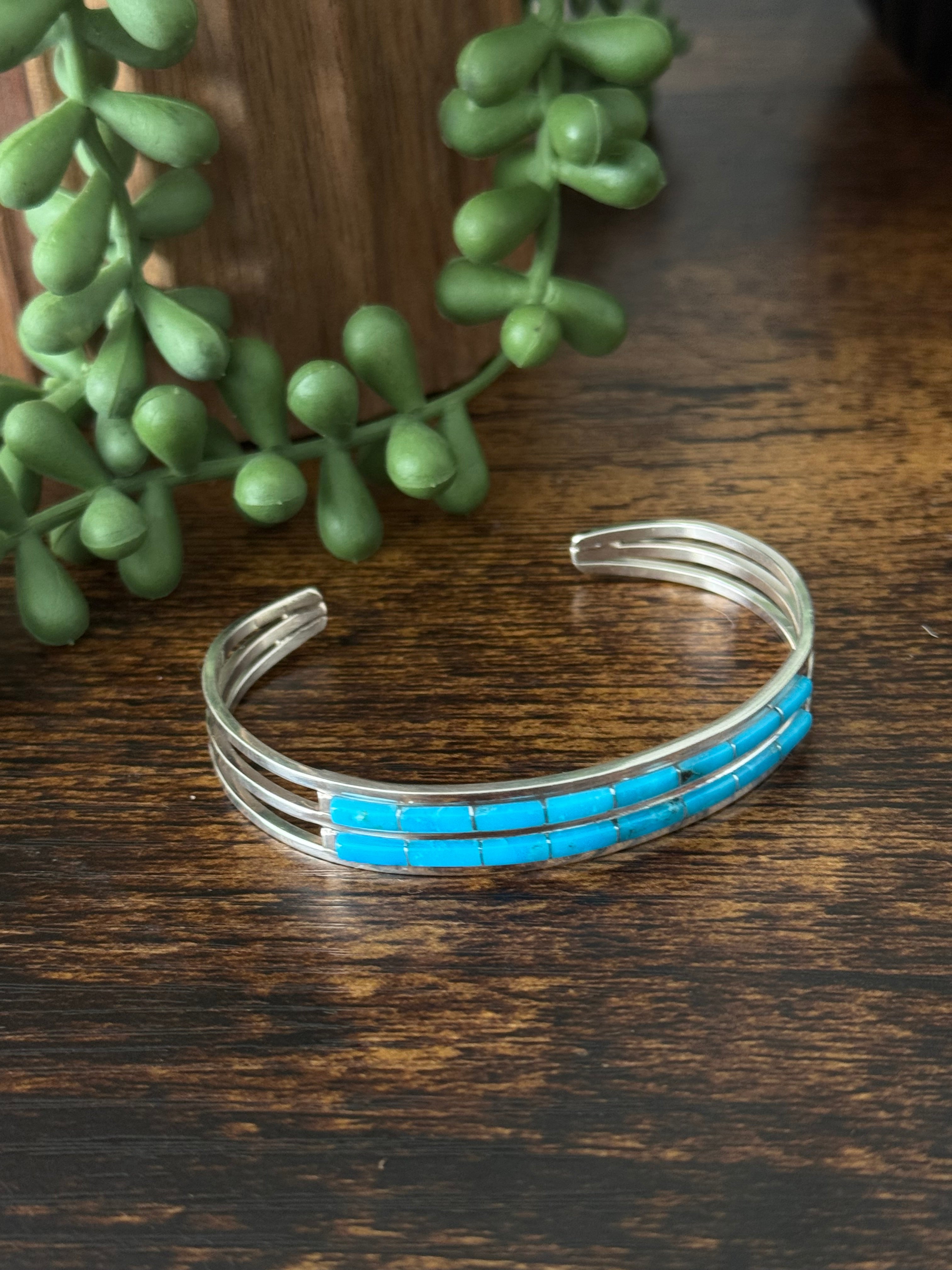 Navajo Made Kingman Turquoise & Sterling Silver Inlay Cuff Bracelet