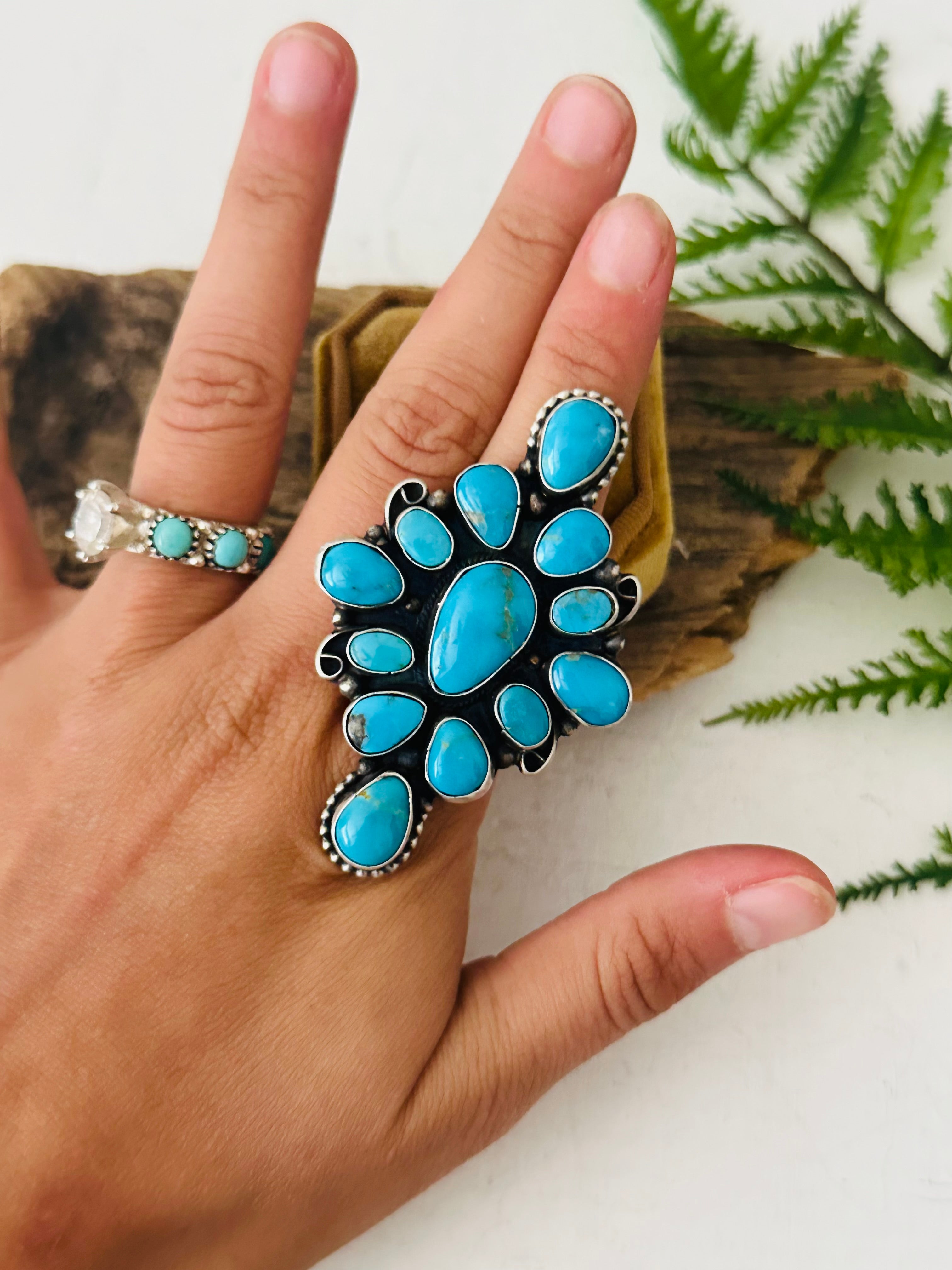 Sheila Becenti Blue Ridge Turquoise & Sterling Silver Adjustable Cluster Ring