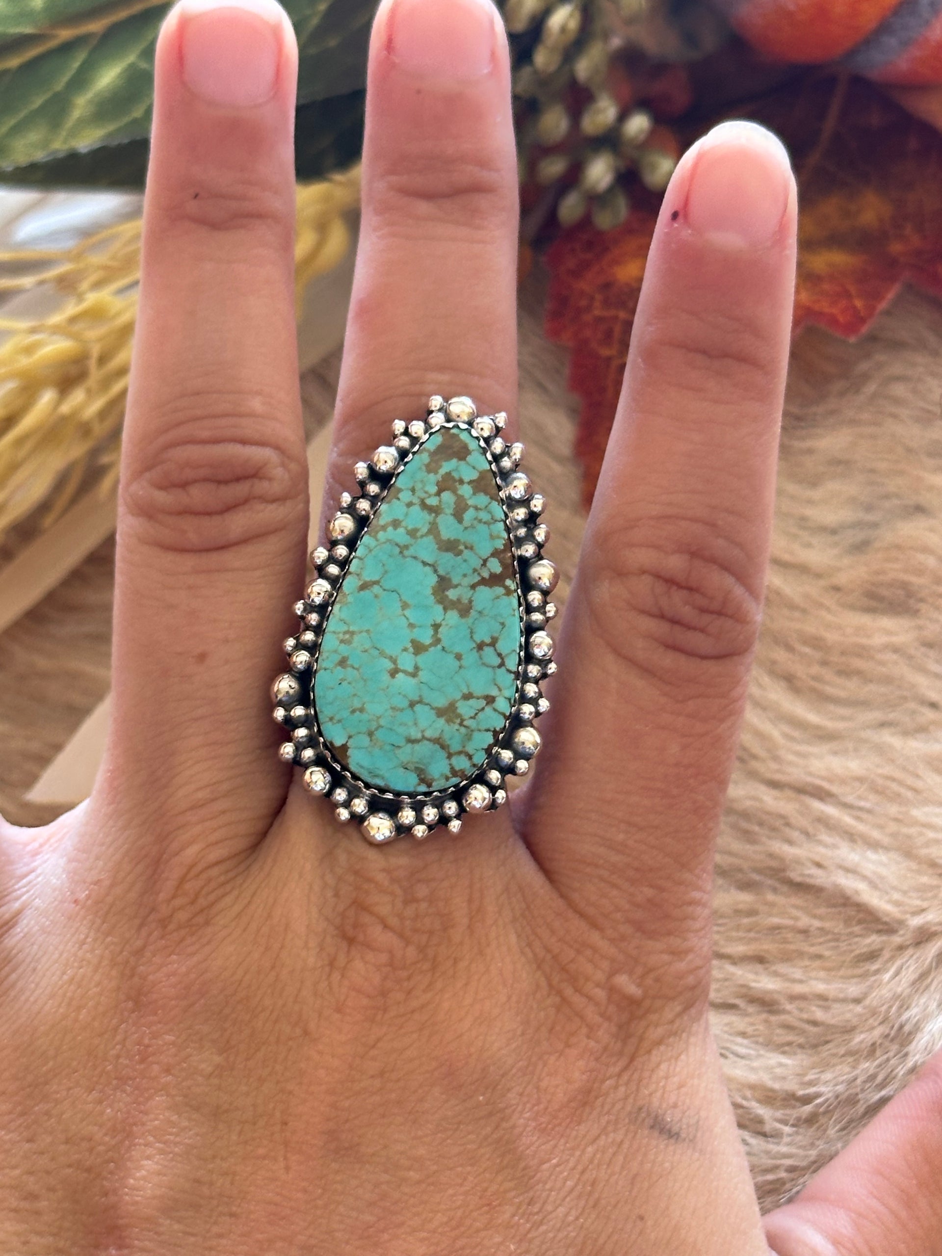 Southwest Handmade #8 Turquoise & Sterling Silver Adjustable Ring