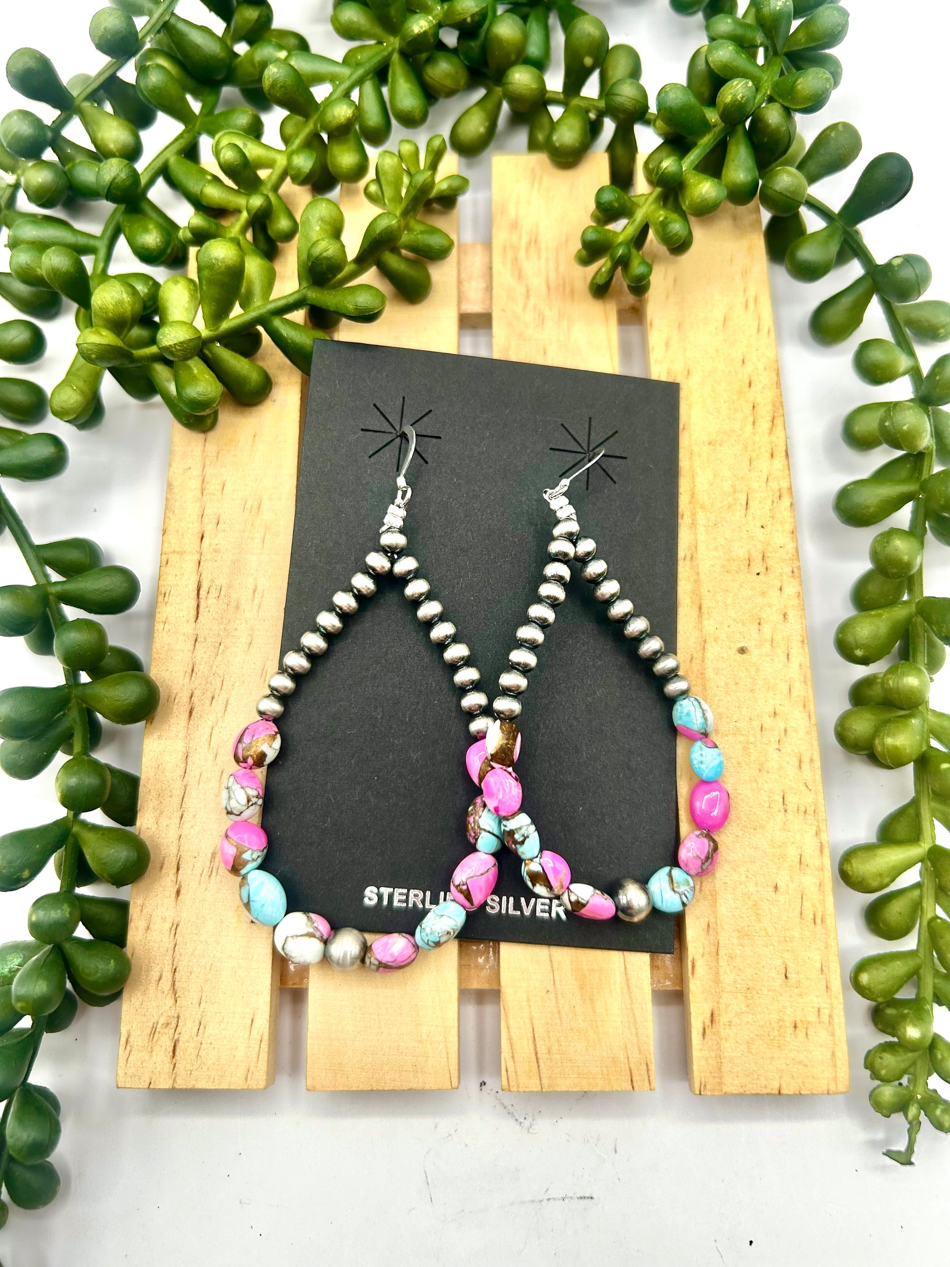 Navajo Made Strung Cotton Candy Dahlia & Sterling Silver Hook Earrings