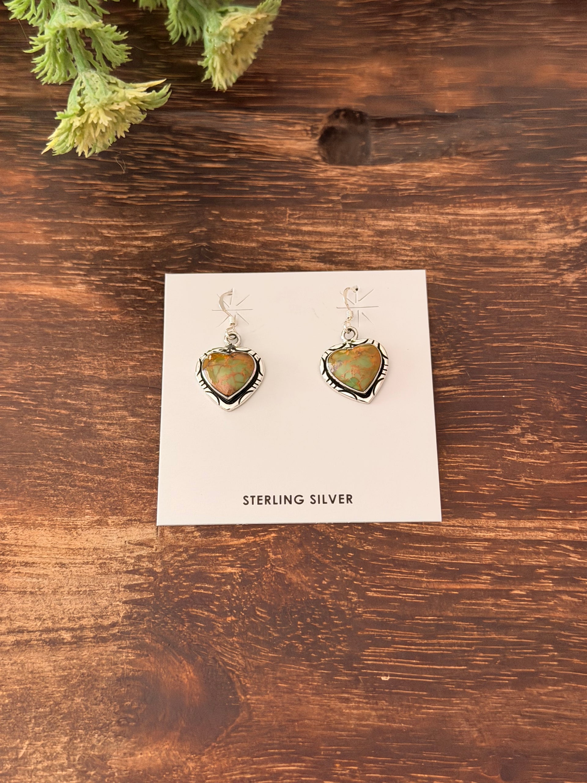 Navajo Made Kingman Turquoise & Sterling Silver Dangle Heart Earrings